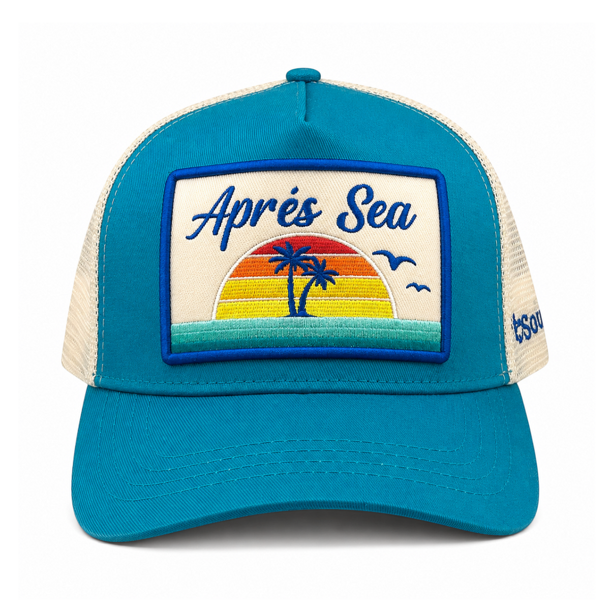 Soulbyrd Wholesale turquoise cotton and nylon mesh trucker hat with an embroidered sunset and palm tree patch