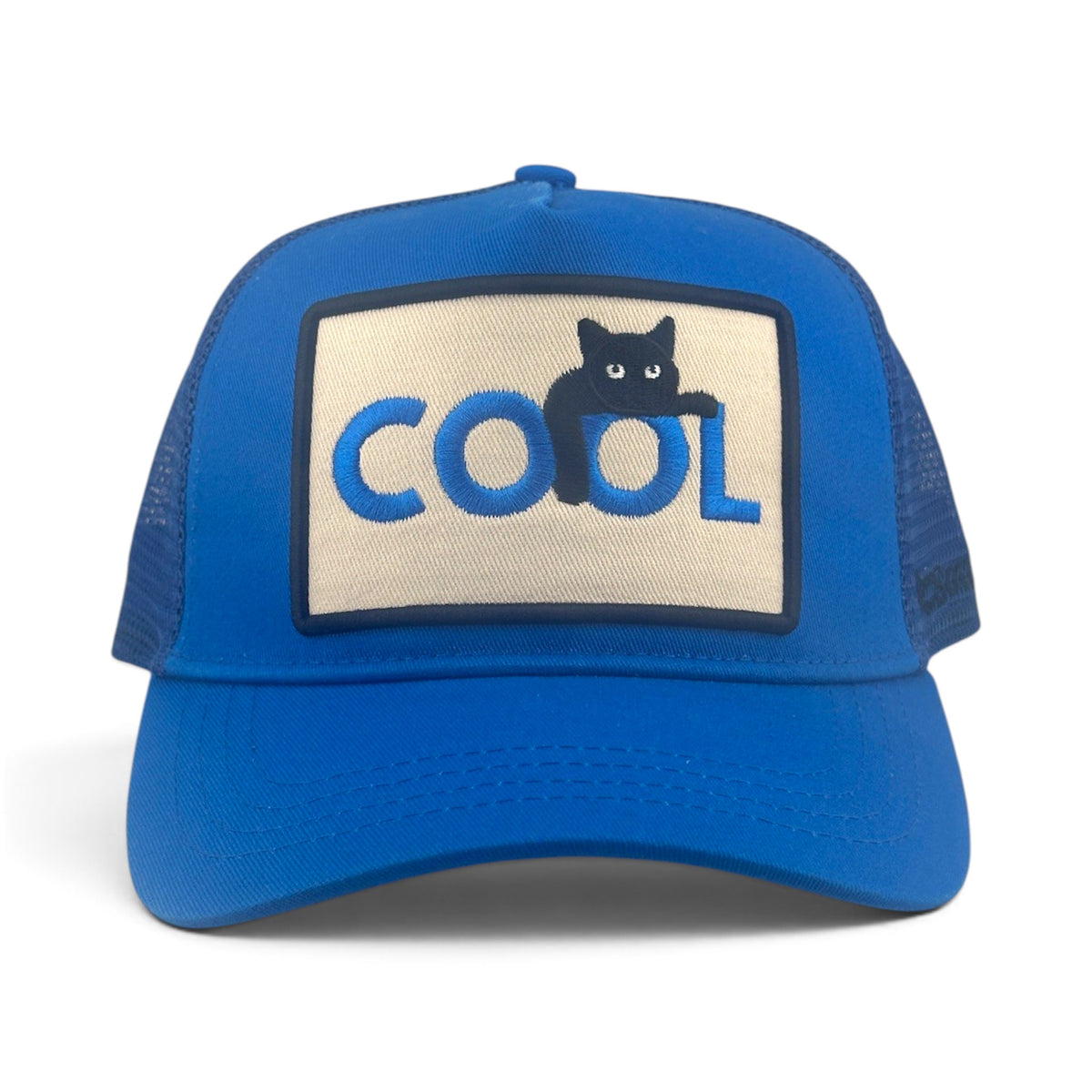 Soulbyrd Wholesale blue 5-panel trucker hat with cotton twill front and nylon mesh back featuring a Cool Cat patch.