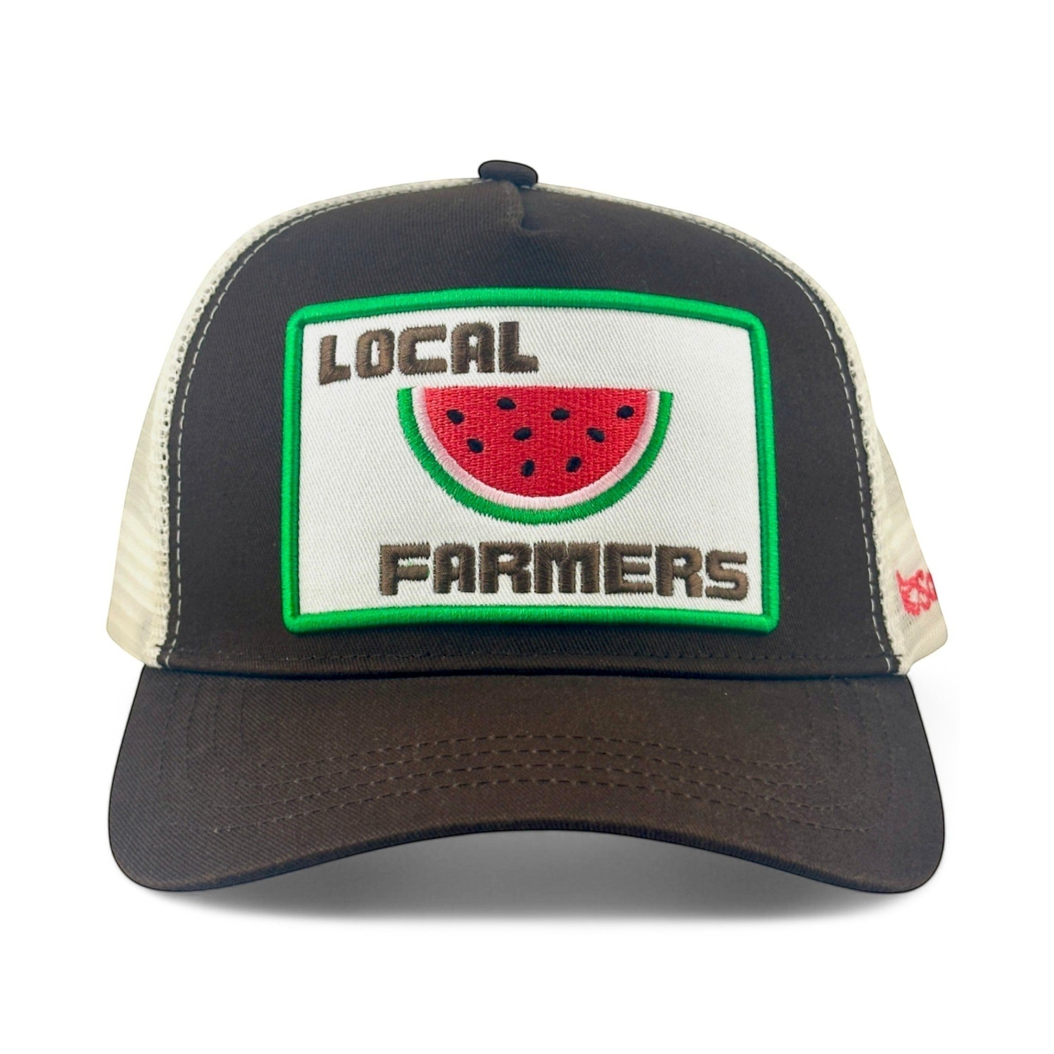 Soulbyrd Wholesale brown 5-panel trucker hat with cotton twill front and mesh back featuring a Local Farmers patch