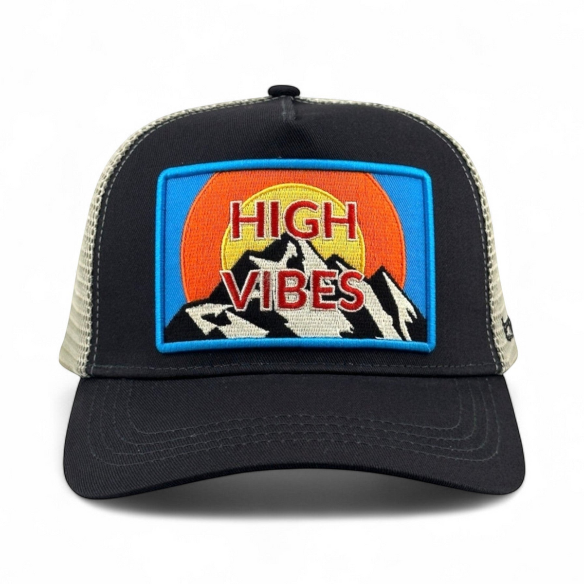 Soulbyrd Wholesale charcoal trucker hat with High Vibes mountain graphic patch and breathable nylon mesh back