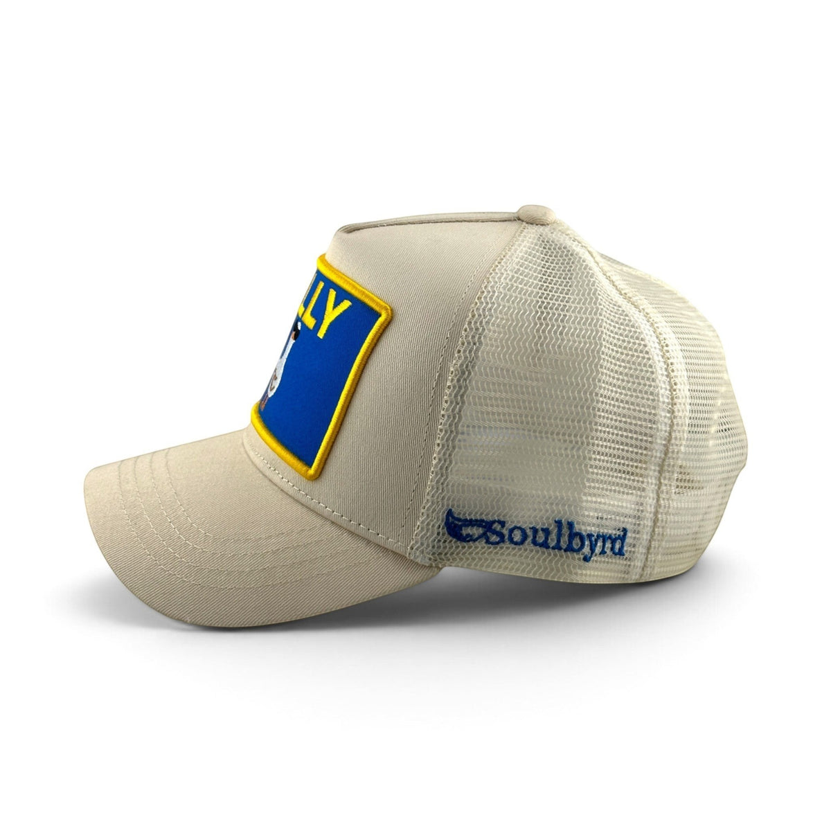Soulbyrd Wholesale cream trucker hat with cotton twill front, mesh back, and Silly Goose patch, side view.