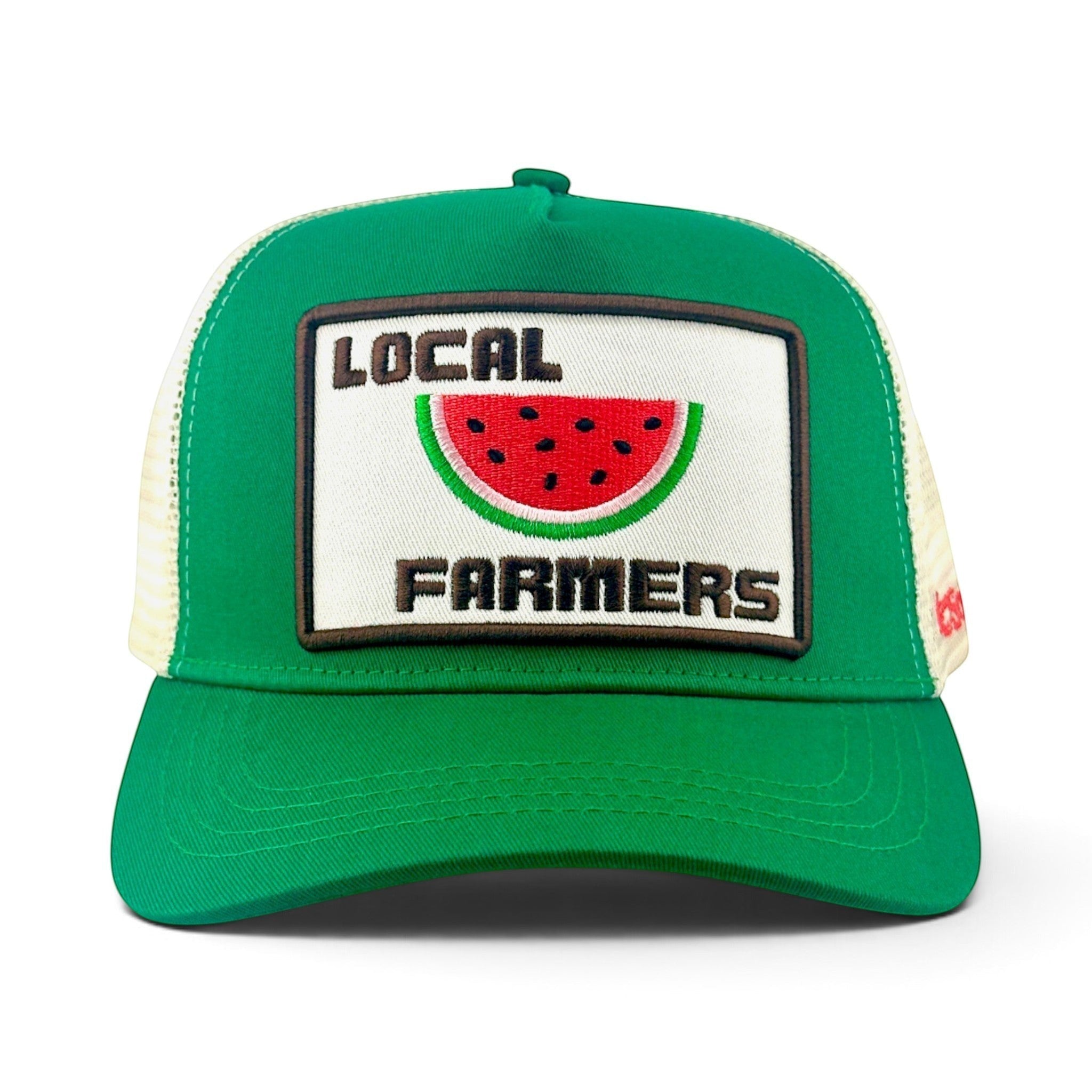 Soulbyrd Wholesale green 5-panel trucker hat with cotton twill front and watermelon Local Farmers patch