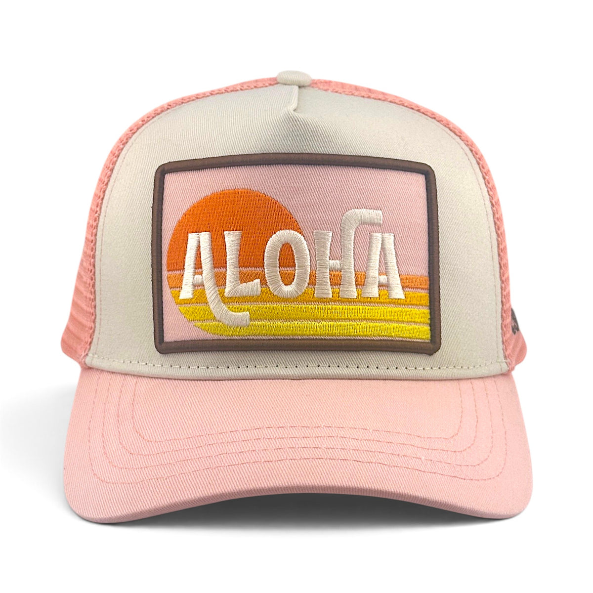 Soulbyrd Wholesale pink Aloha trucker hat with cotton twill front, nylon mesh back, and sunset graphic patch.