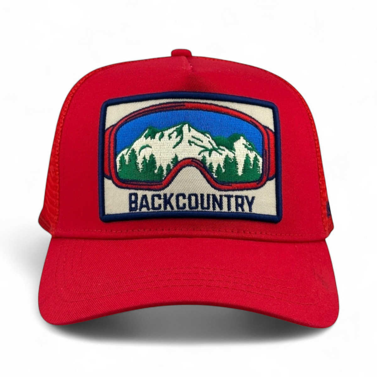 Soulbyrd Wholesale red 5-panel trucker hat with cotton twill front and mountain goggle patch embroidery
