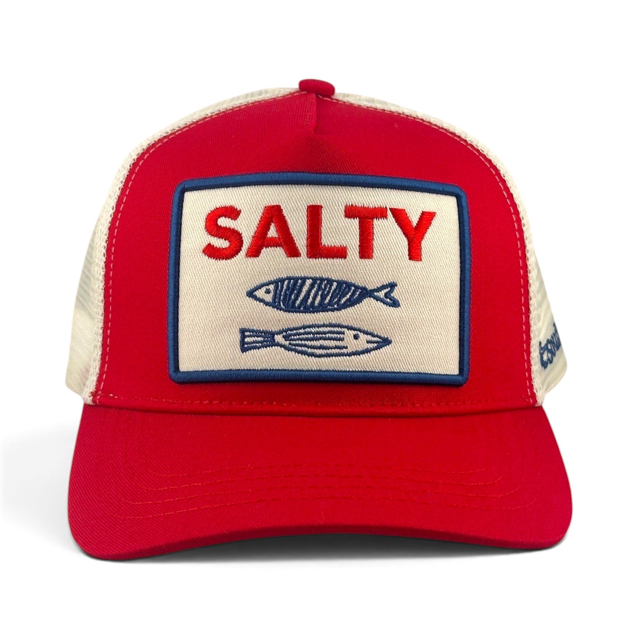 Soulbyrd Wholesale red cotton twill trucker hat with white nylon mesh back and Salty fish patch