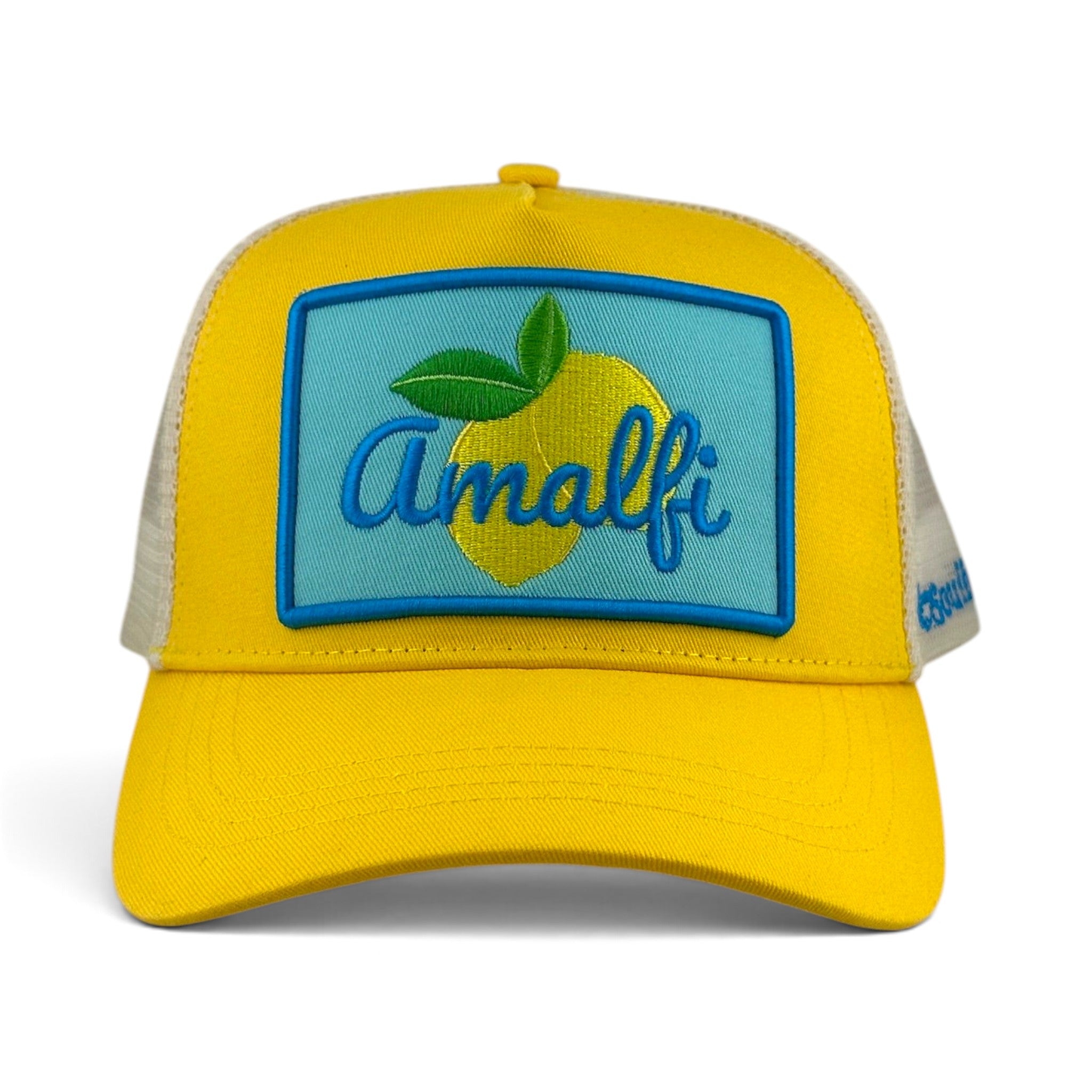 Soulbyrd Wholesale Amalfi yellow cotton trucker hat with mesh back and embroidered lemon patch on front