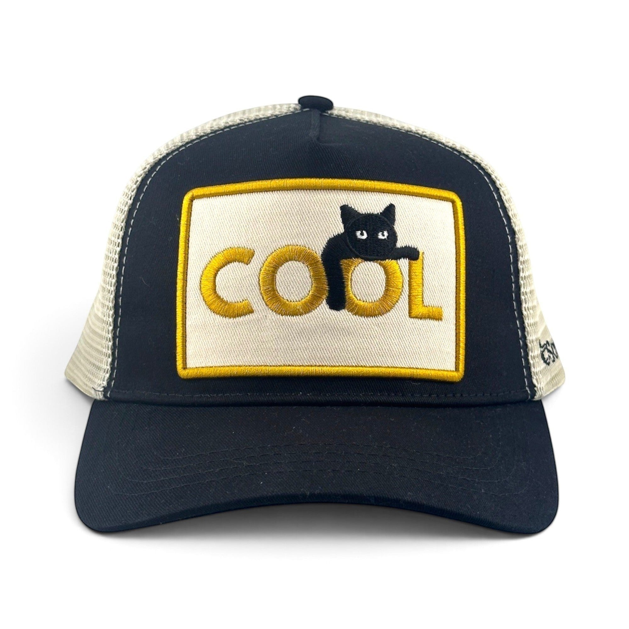 Soulbyrd Wholesale black cotton and mesh trucker hat with a Cool Cat embroidered patch on the front panel.