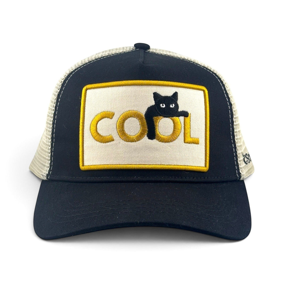 Soulbyrd Wholesale black trucker hat with cotton twill front, mesh back, and Cool Cat embroidered patch.