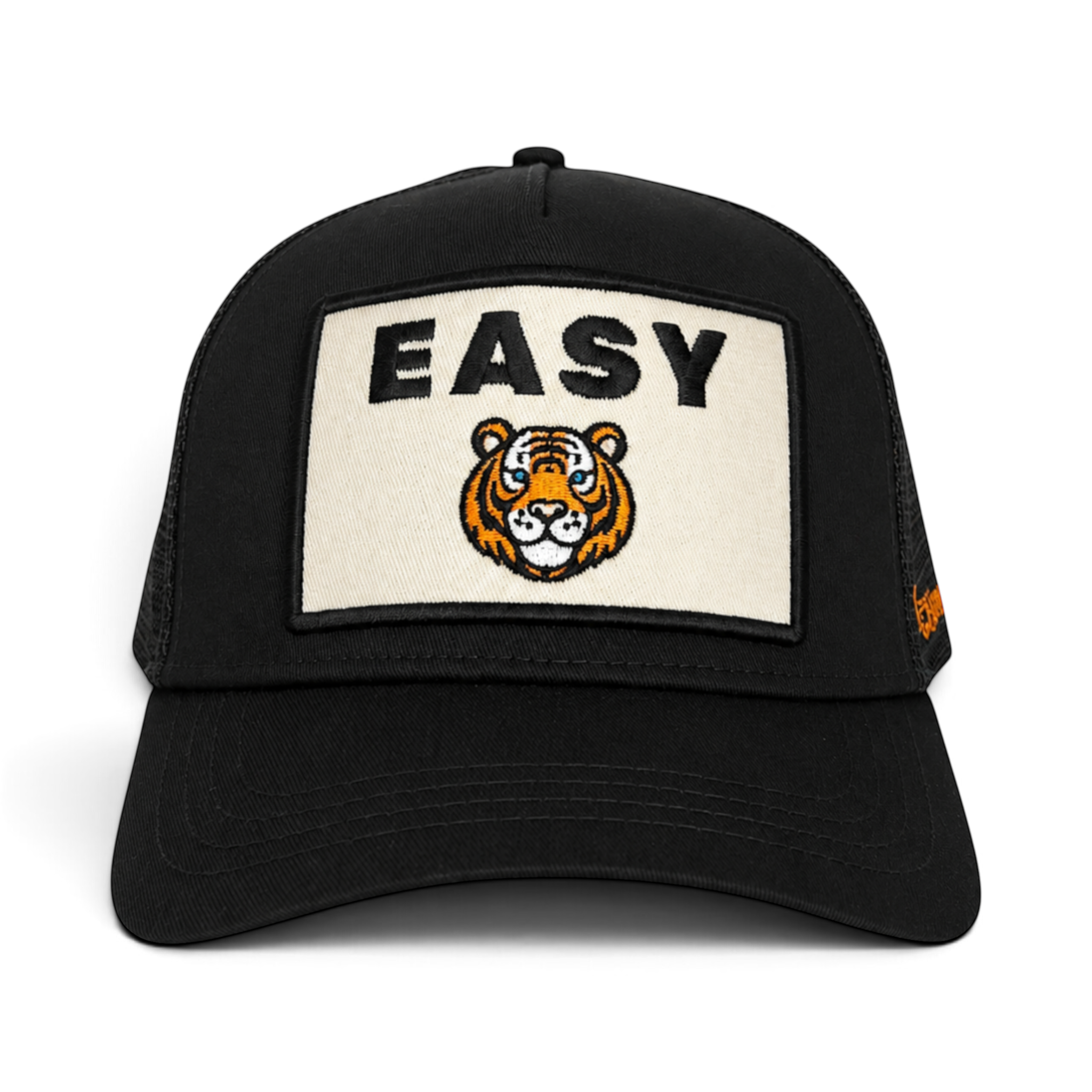 Soulbyrd Wholesale black 5-panel trucker hat with cotton twill front and tiger graphic patch reading EASY