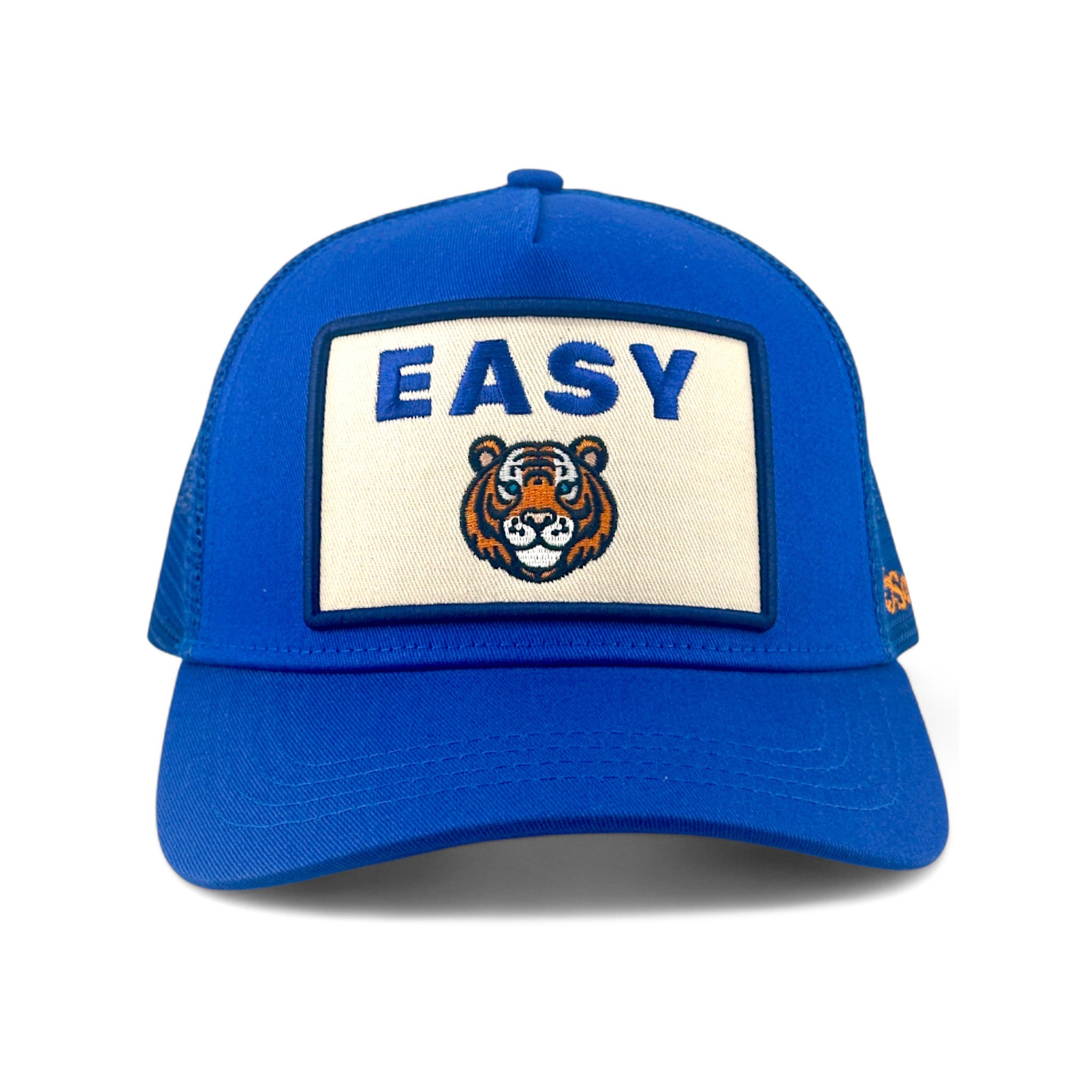 Soulbyrd Wholesale blue 5-panel trucker hat with Easy Tiger graphic patch and adjustable snapback closure.