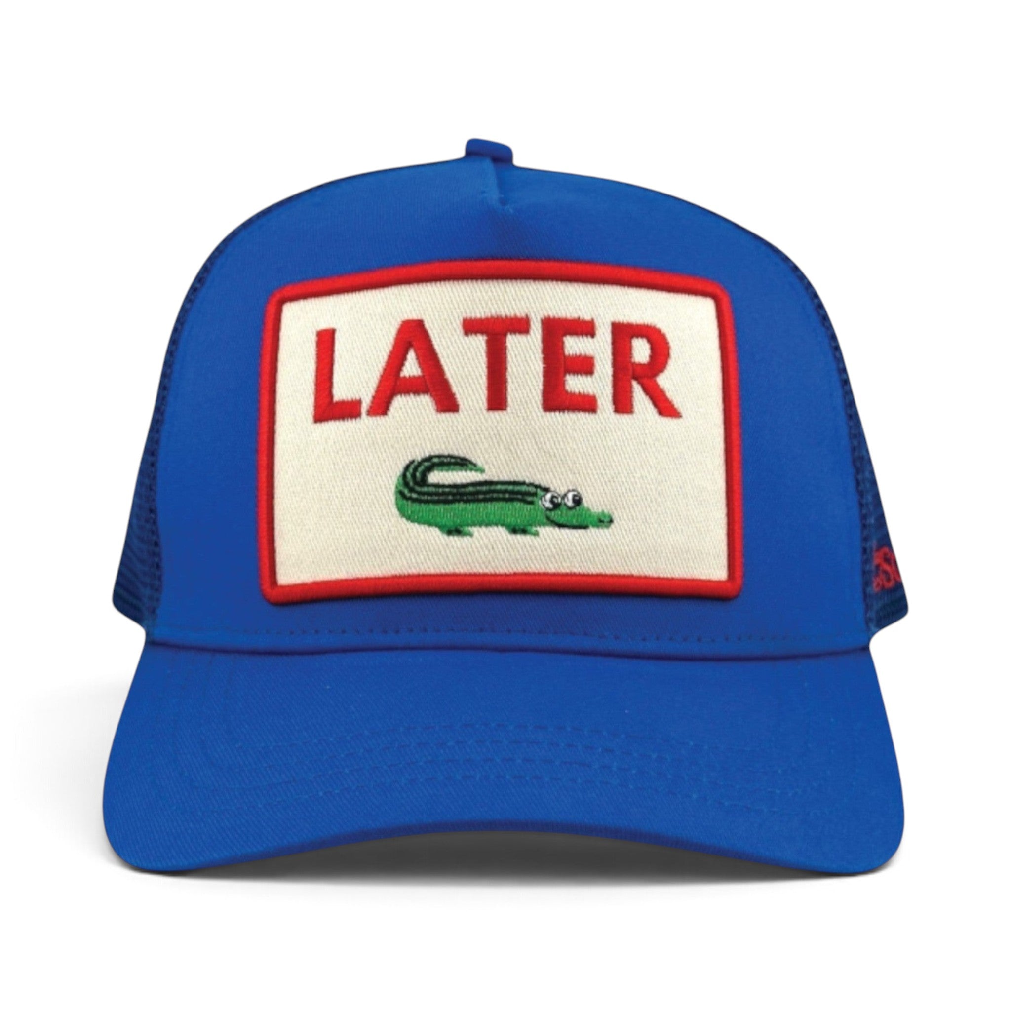Soulbyrd Wholesale royal blue 5-panel trucker hat with cotton twill front and Later Gator embroidered patch