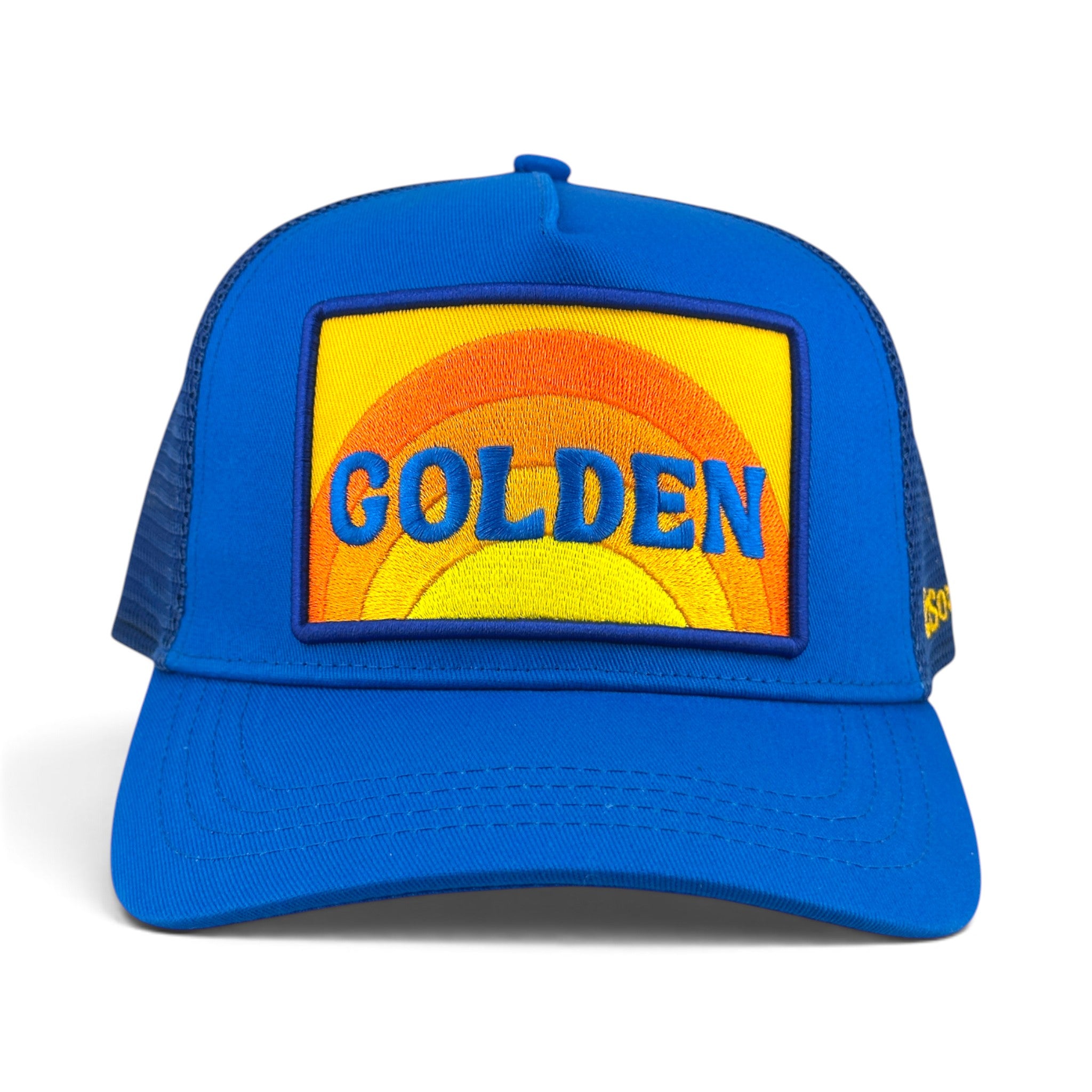 Soulbyrd Wholesale blue 5-panel trucker hat with cotton twill front and nylon mesh back featuring a Golden patch