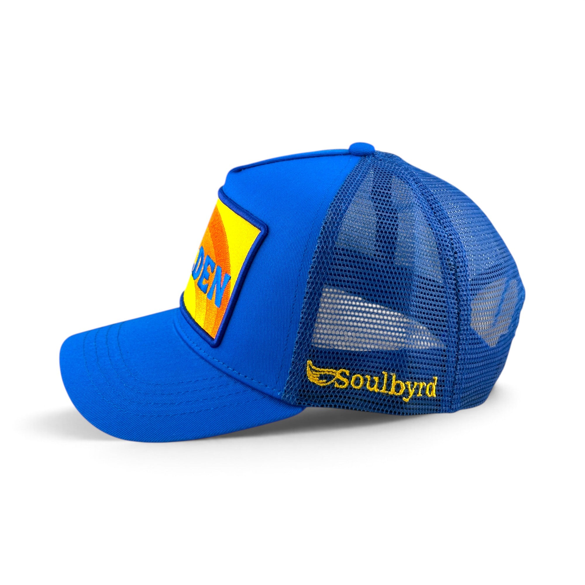 Soulbyrd Wholesale blue 5-panel trucker hat with cotton twill front, nylon mesh back, and yellow Golden logo patch