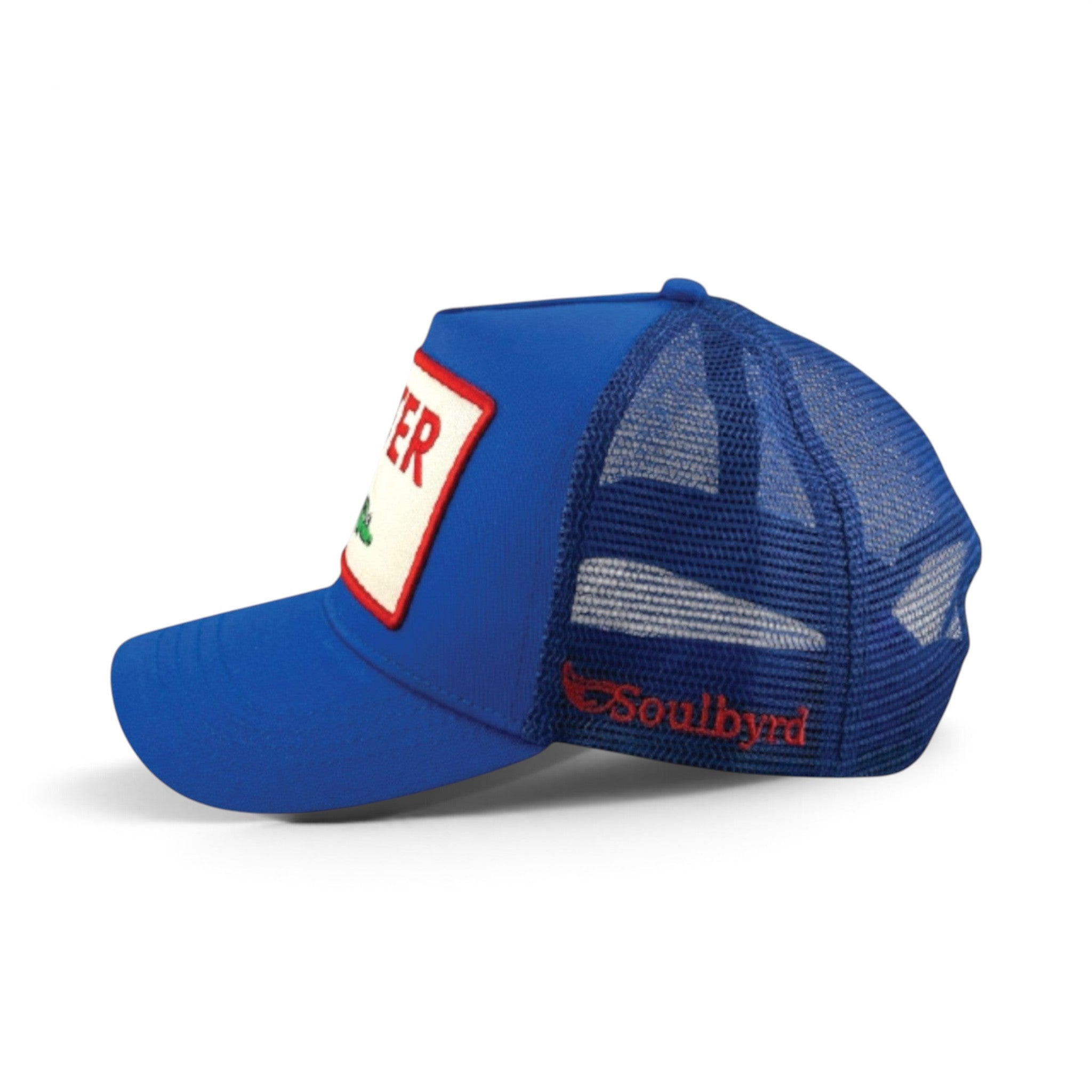 Soulbyrd Wholesale royal blue 5-panel trucker hat with cotton twill front, nylon mesh back, and adjustable snapback.