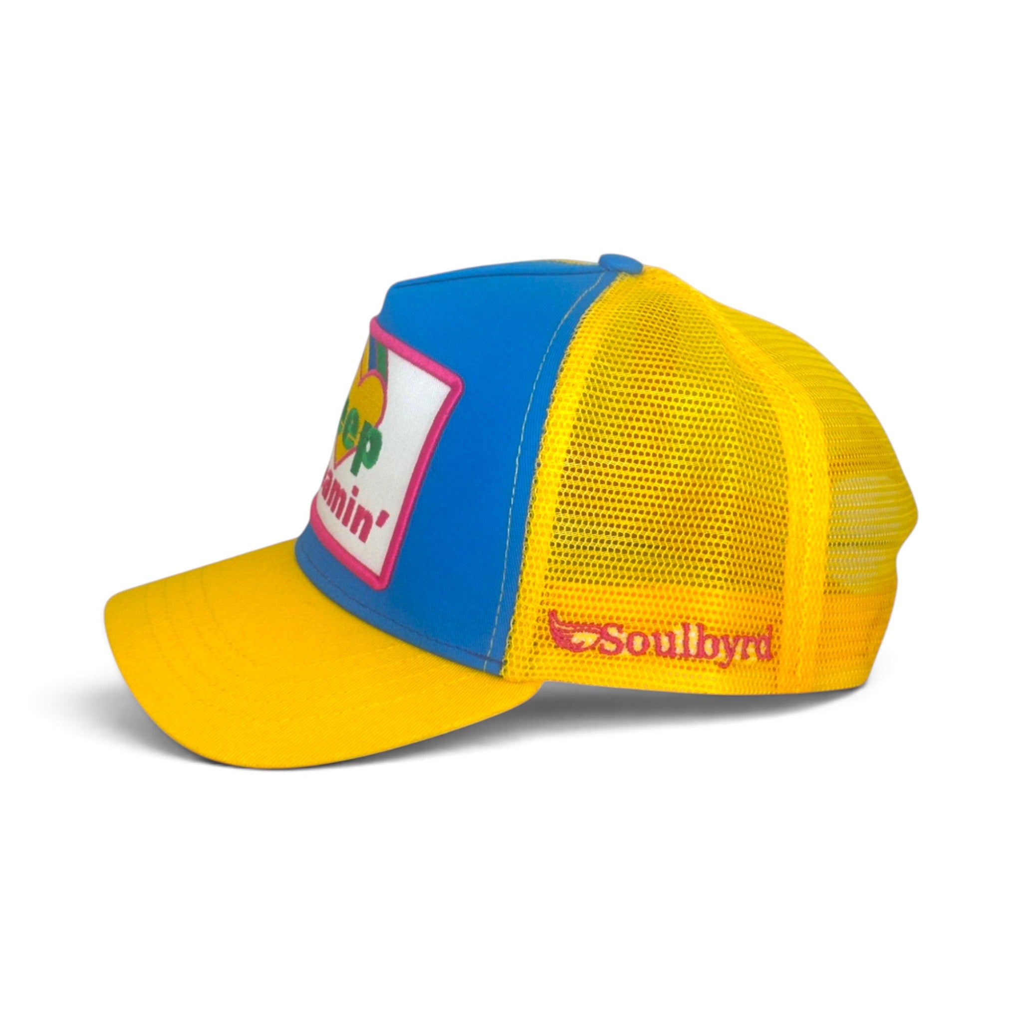 Soulbyrd Wholesale blue and yellow 5-panel trucker hat with cotton twill front and breathable nylon mesh back