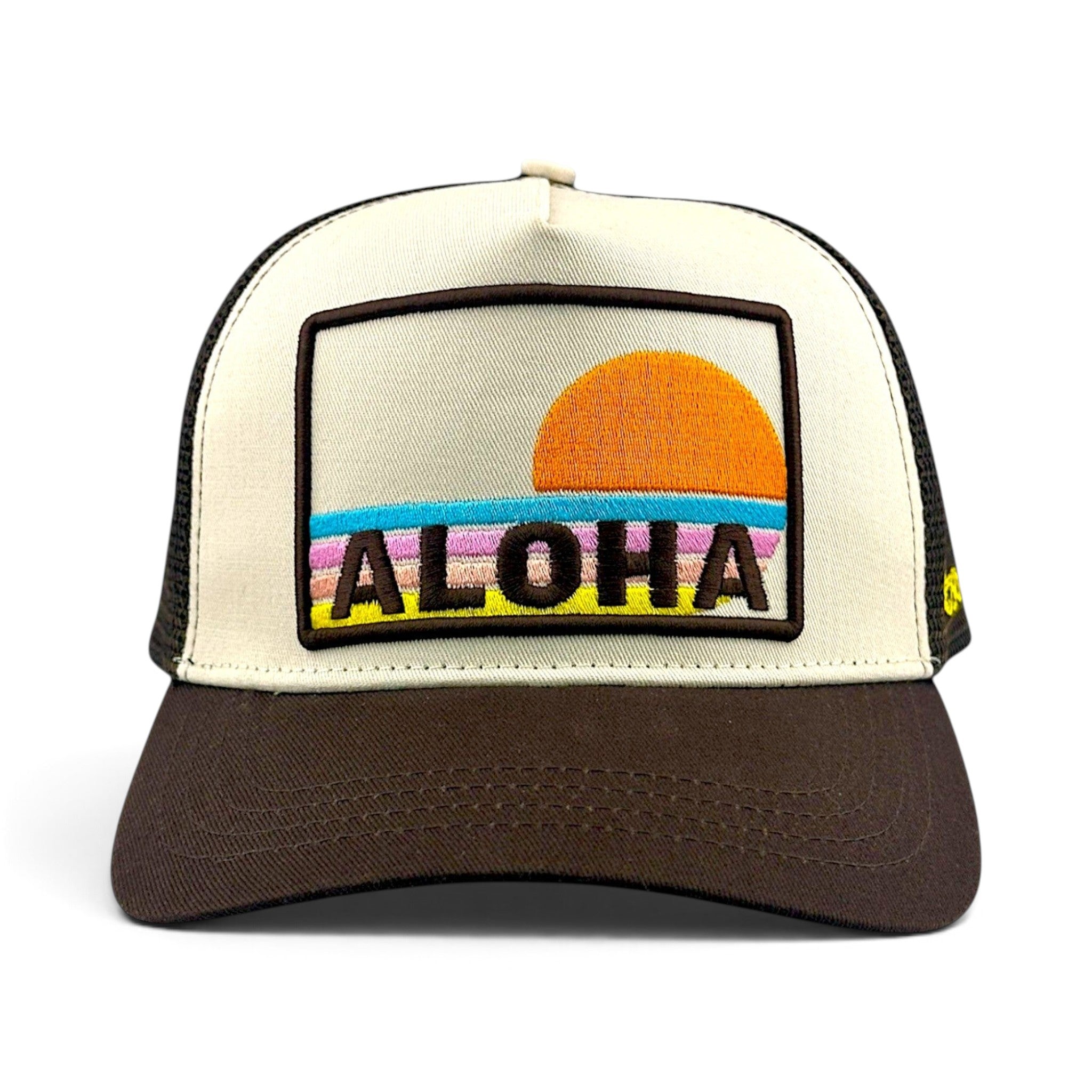 Soulbyrd Wholesale brown and cream 5-panel trucker hat with embroidered ALOHA sunset patch and nylon mesh back.