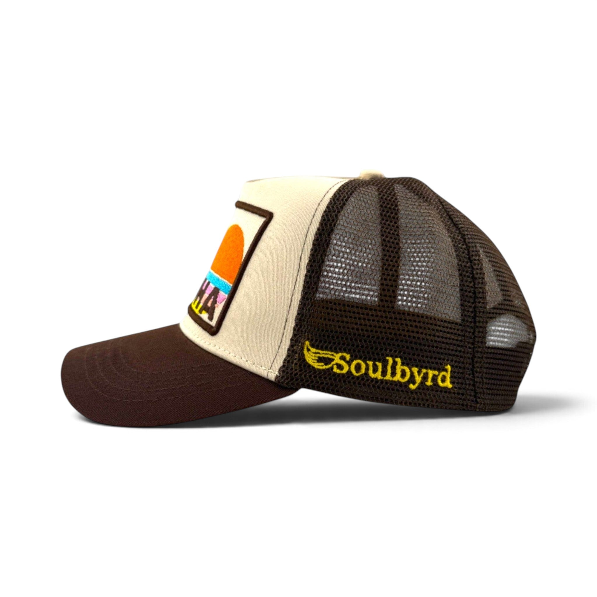 Soulbyrd Wholesale brown and cream 5-panel trucker hat with Aloha sunset patch and mesh back, side view