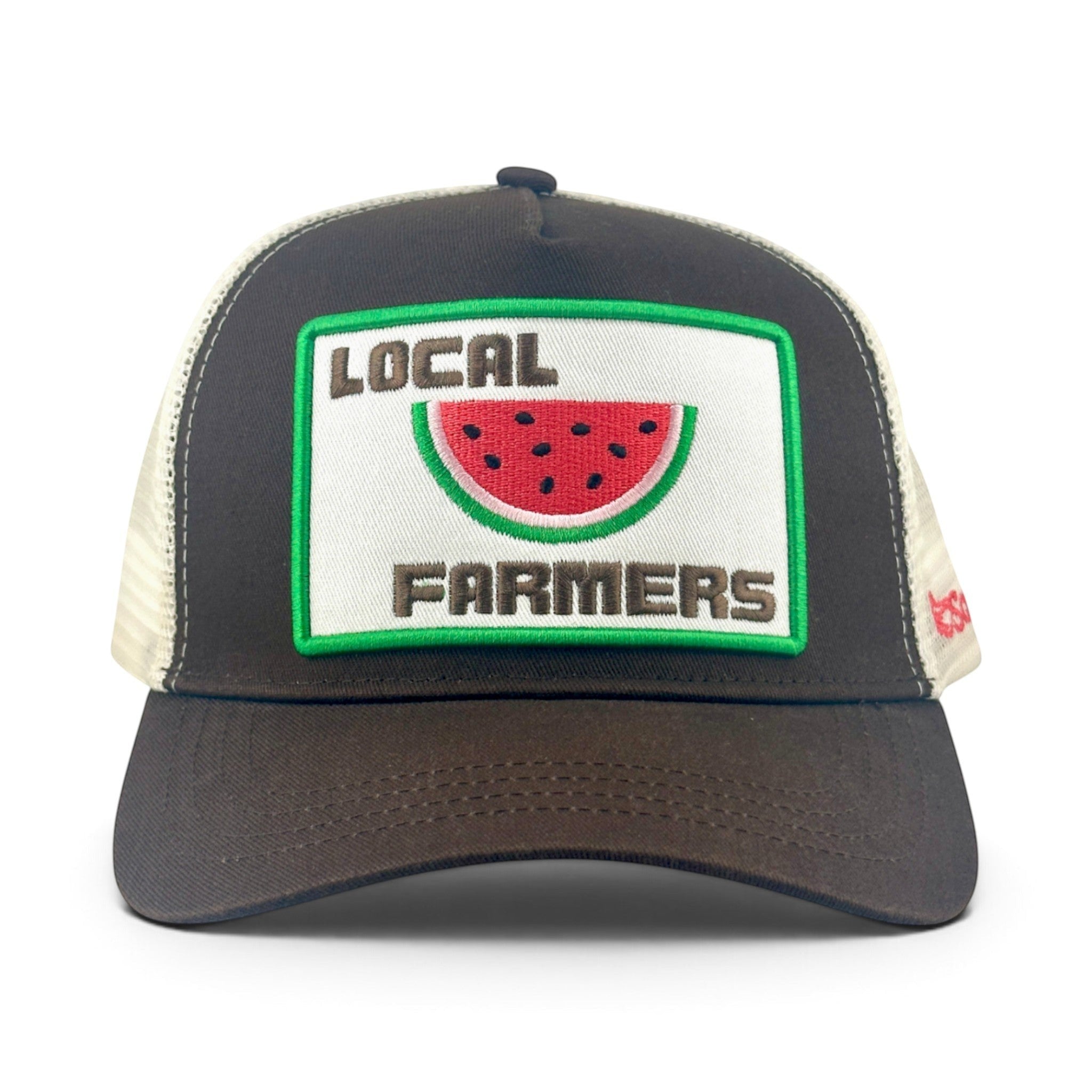 Soulbyrd Wholesale brown 5-panel trucker hat with cotton twill front and mesh back featuring Local Farmers patch