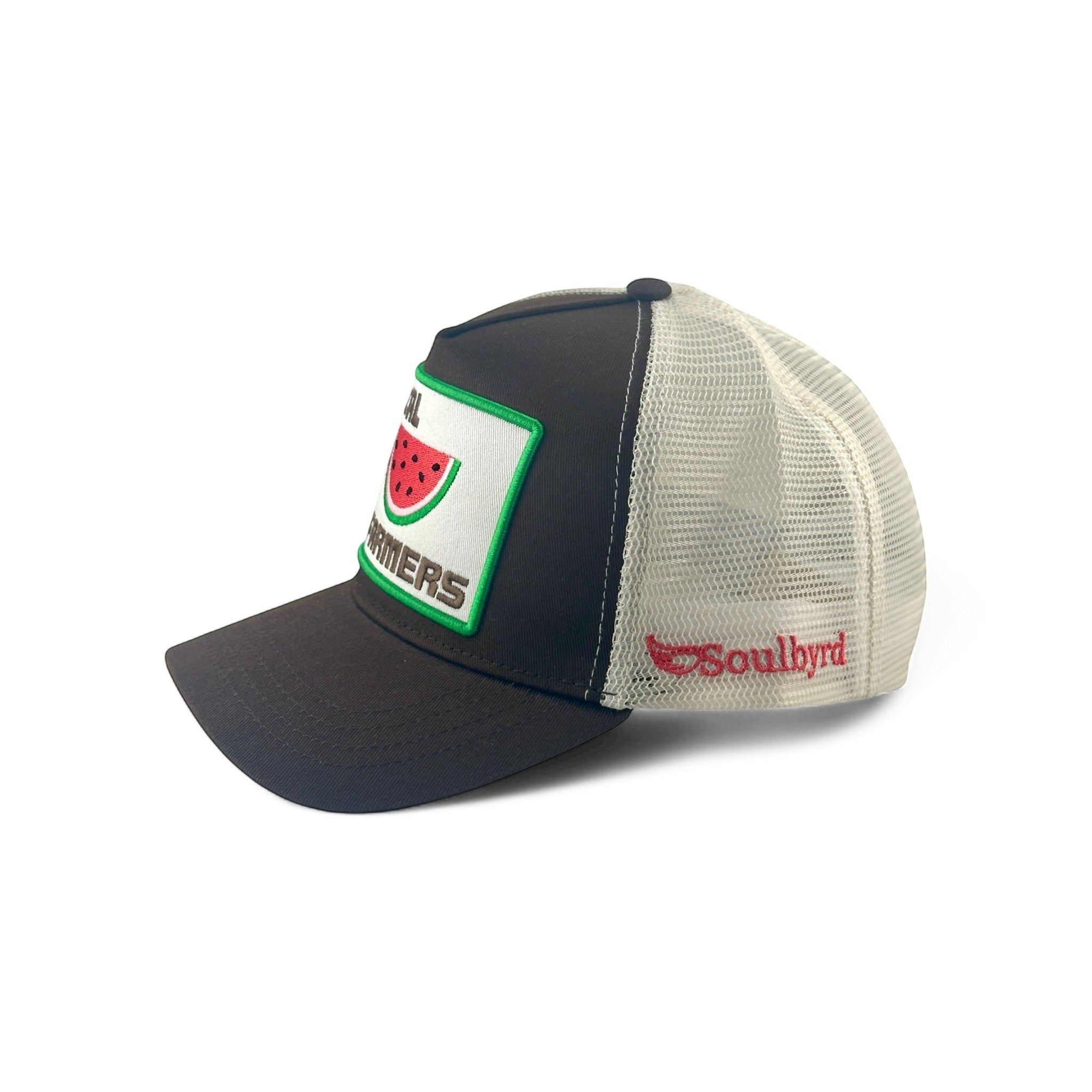 Soulbyrd Wholesale brown 5-panel trucker hat with white mesh back and Local Farmers watermelon patch