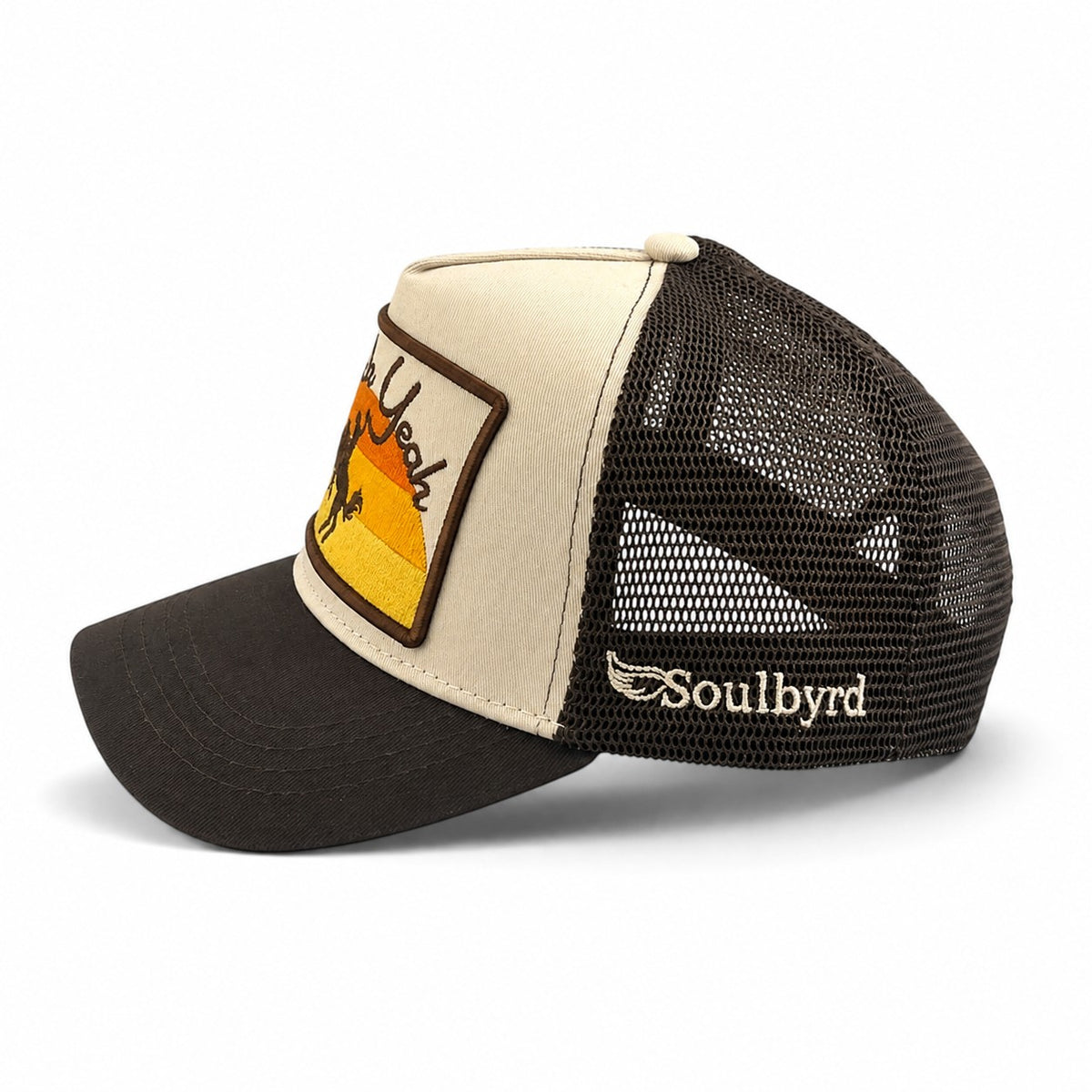 Soulbyrd Wholesale brown and cream 5-panel trucker hat with Buck Yeah graphic patch and mesh back