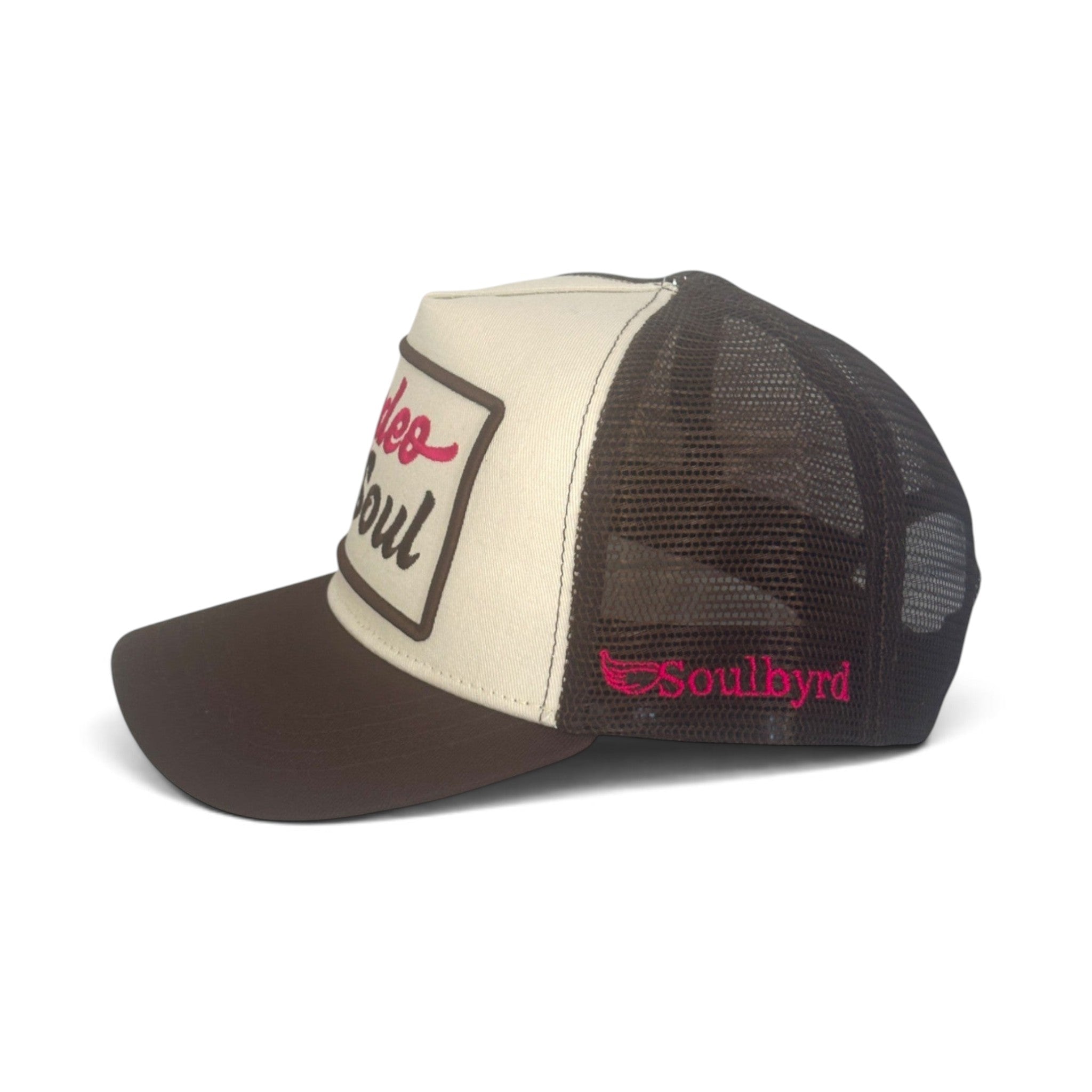Soulbyrd Wholesale brown and cream 5-panel trucker hat with Rodeo Soul graphic and mesh back