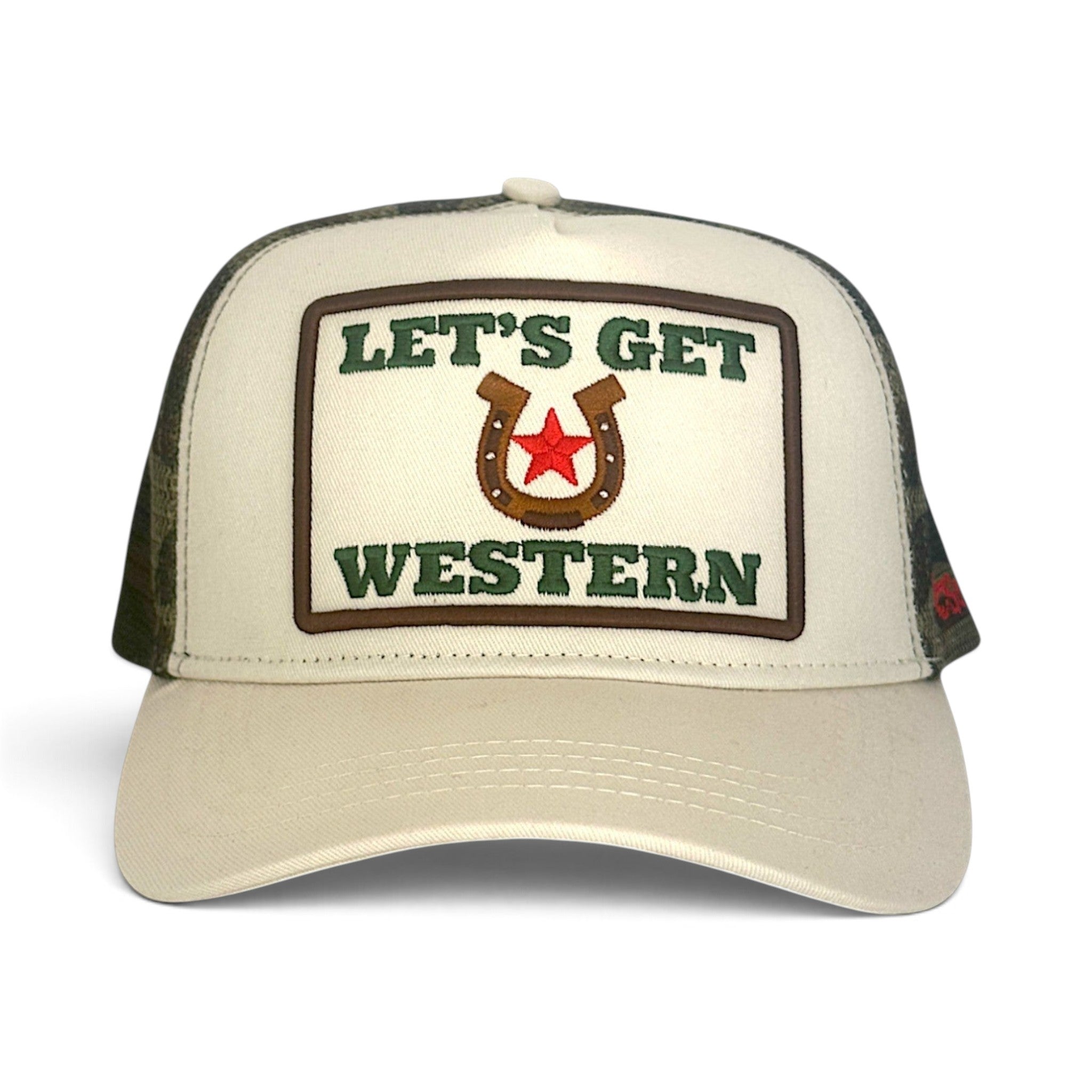 Soulbyrd Wholesale Let's Get Western trucker hat in camo with a cotton twill front, mesh back, and adjustable snapback.
