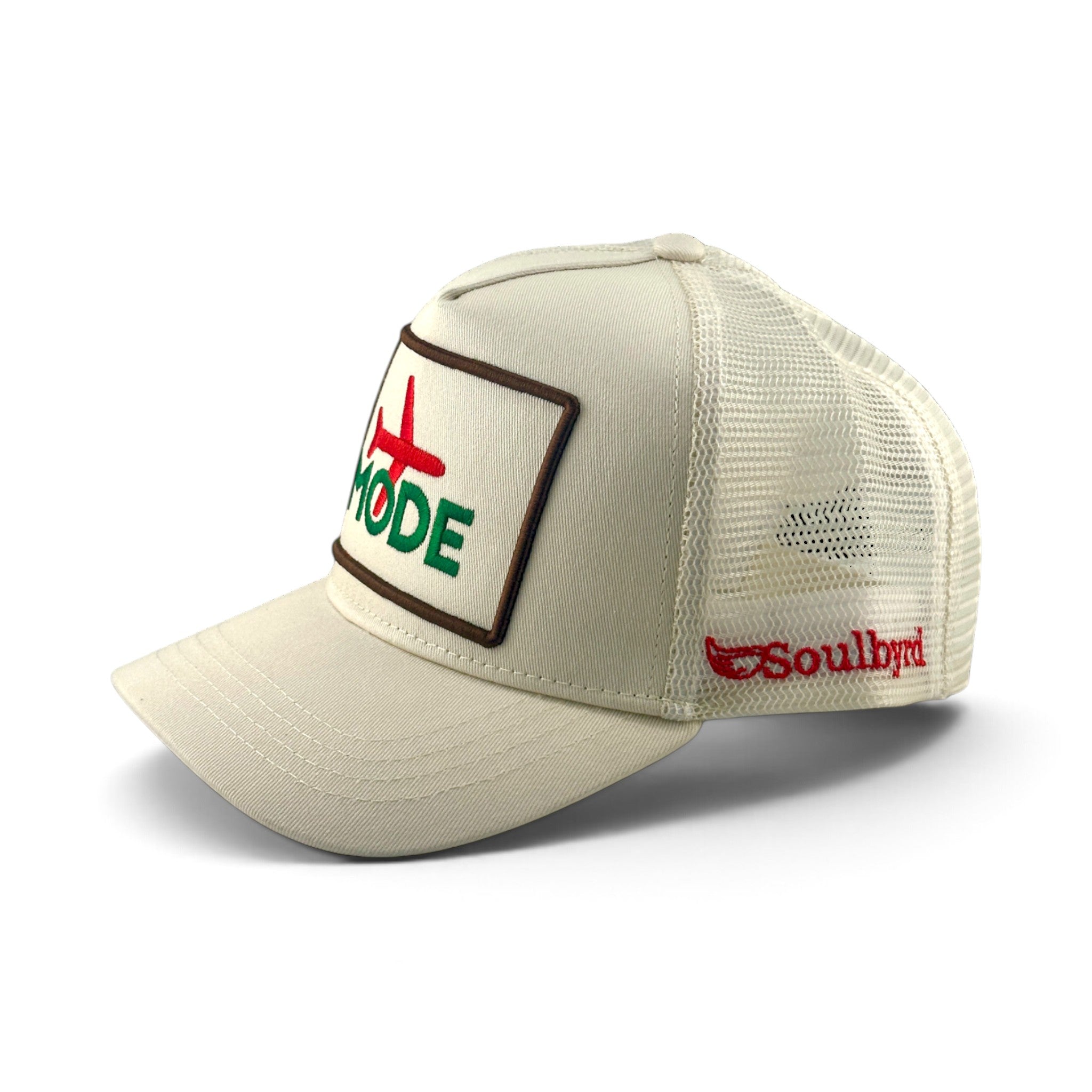 Soulbyrd Wholesale cream 5-panel trucker hat with Airplane Mode patch and adjustable snapback closure