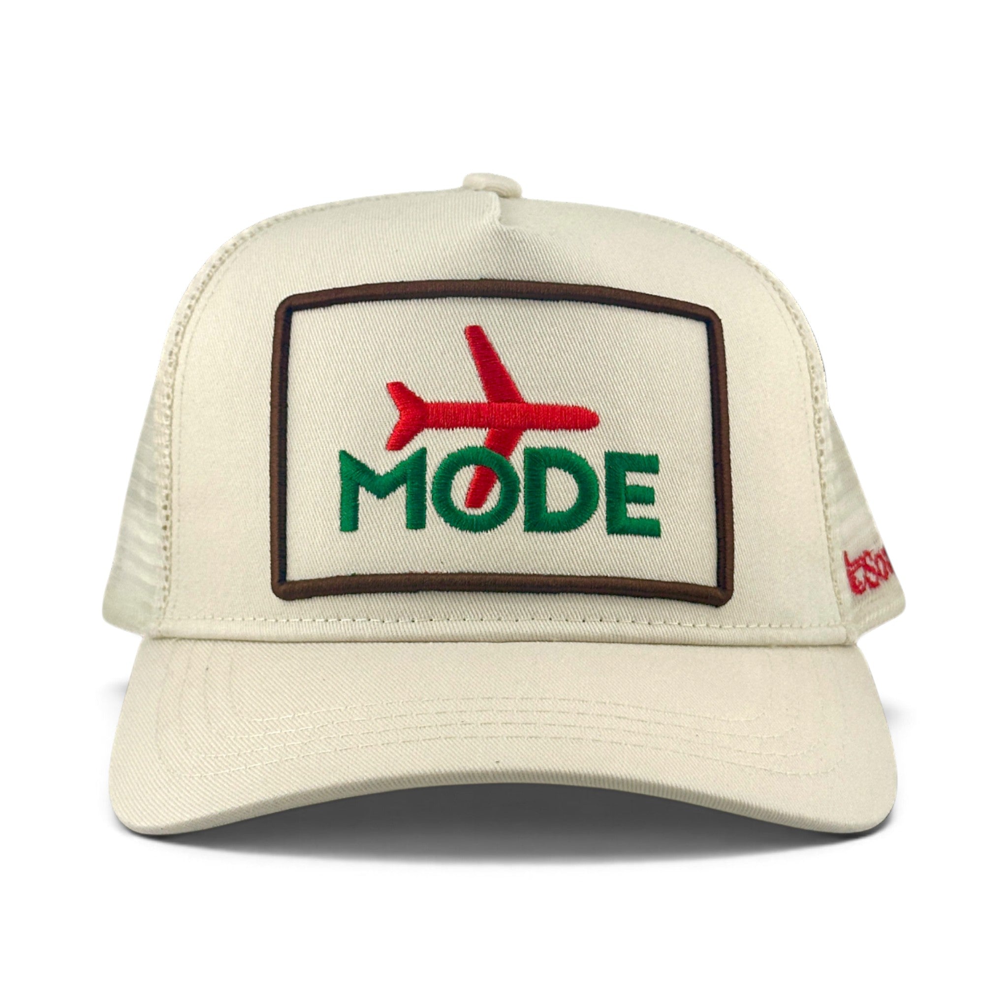 Soulbyrd Wholesale cream 5-panel trucker hat with Airplane Mode embroidered patch and nylon mesh back