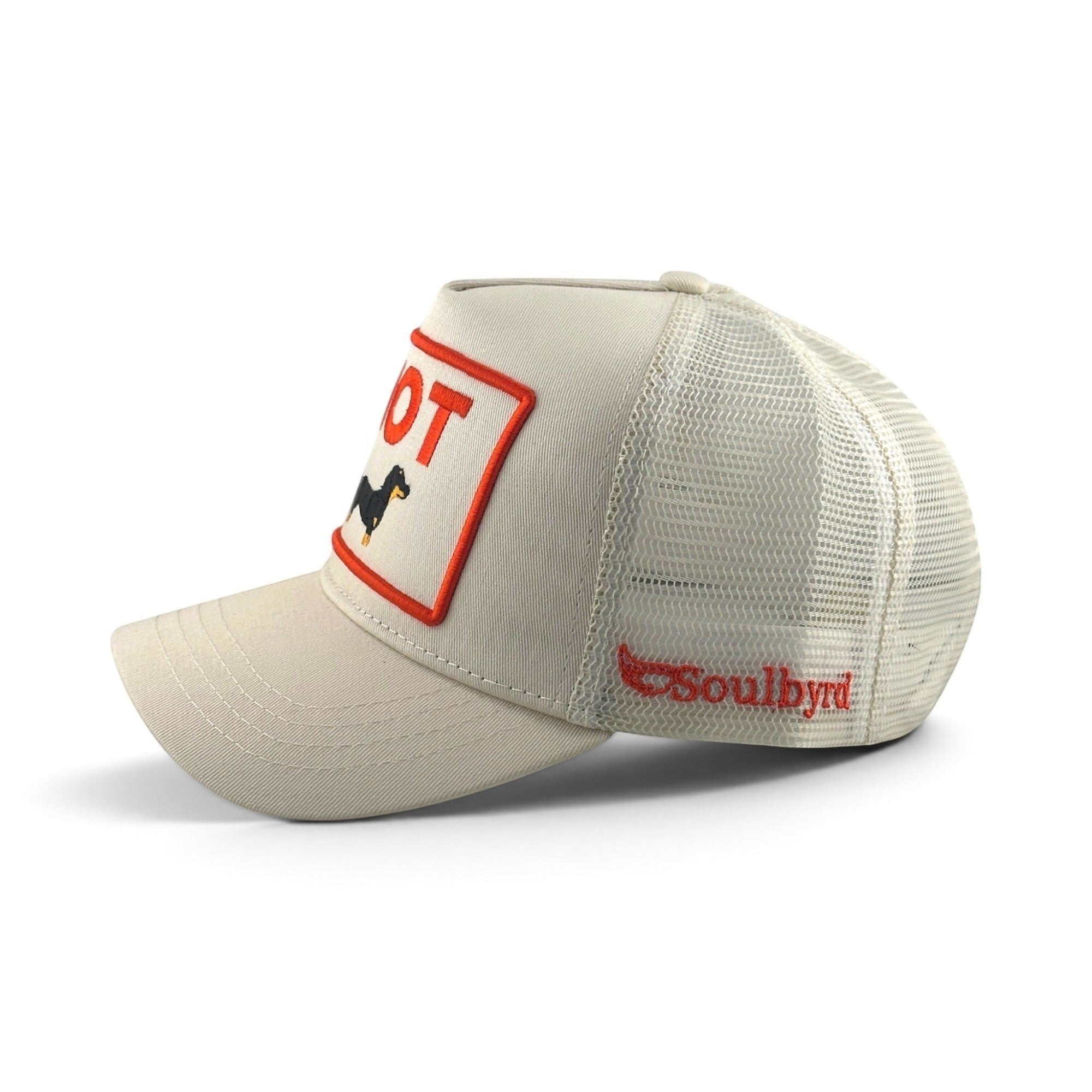 Soulbyrd Wholesale cream trucker hat with a hot dog patch, cotton twill front, and breathable nylon mesh back.