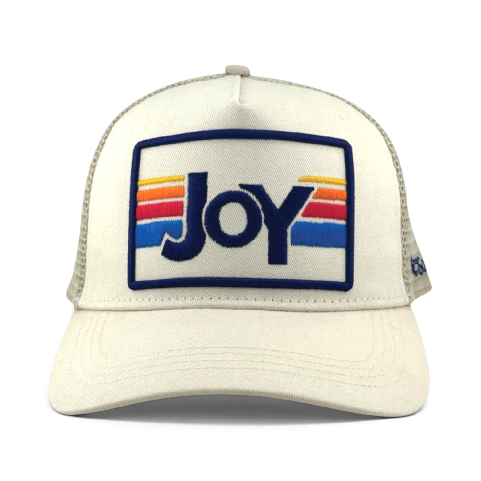 Soulbyrd Wholesale cream trucker hat with 5-panel cotton twill crown and mesh back featuring a retro JOY patch