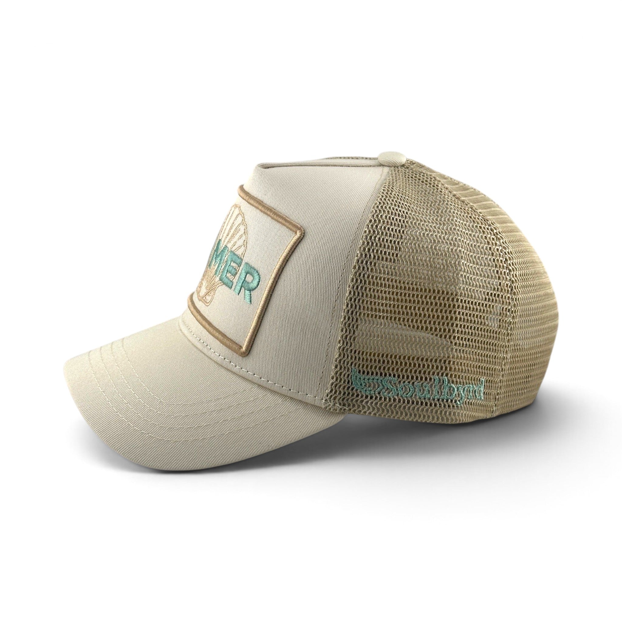 Soulbyrd Wholesale La Mer cream trucker hat with cotton twill front, nylon mesh back, and adjustable snapback closure.
