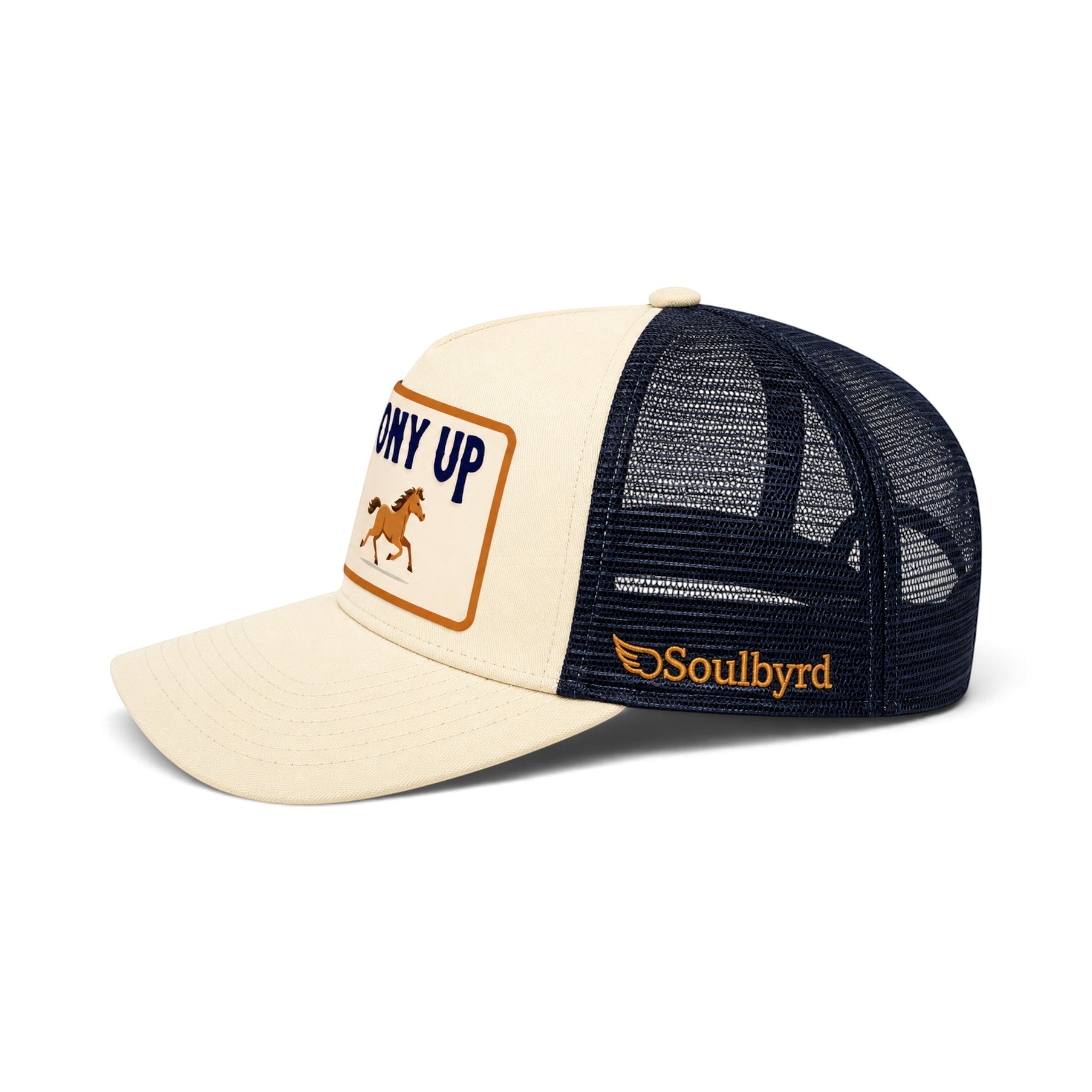 Soulbyrd Wholesale cream and navy 5-panel trucker hat with Pony Up horse graphic and adjustable snapback closure.
