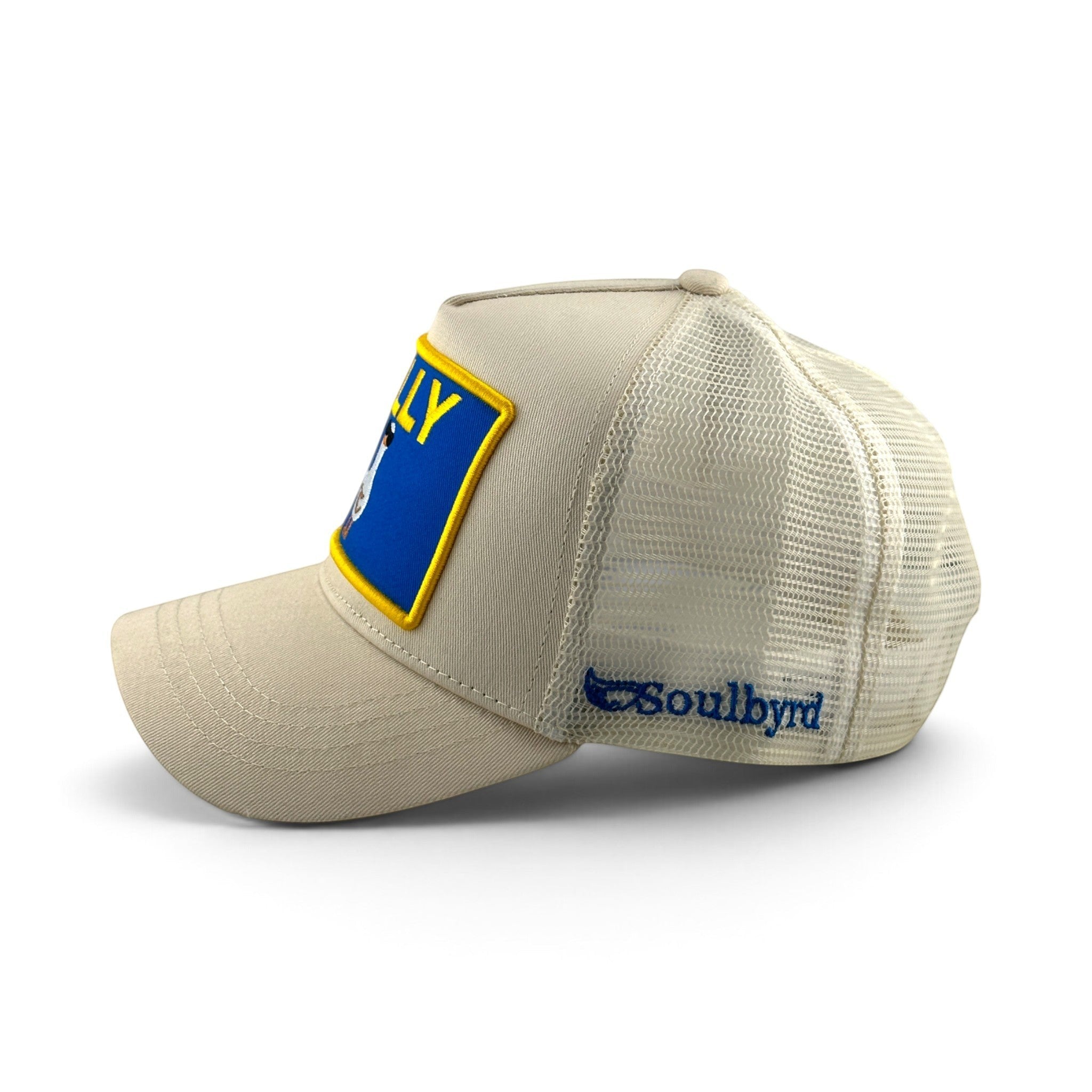 Soulbyrd Wholesale cream 5-panel trucker hat with cotton twill front, nylon mesh back, and Silly Goose patch
