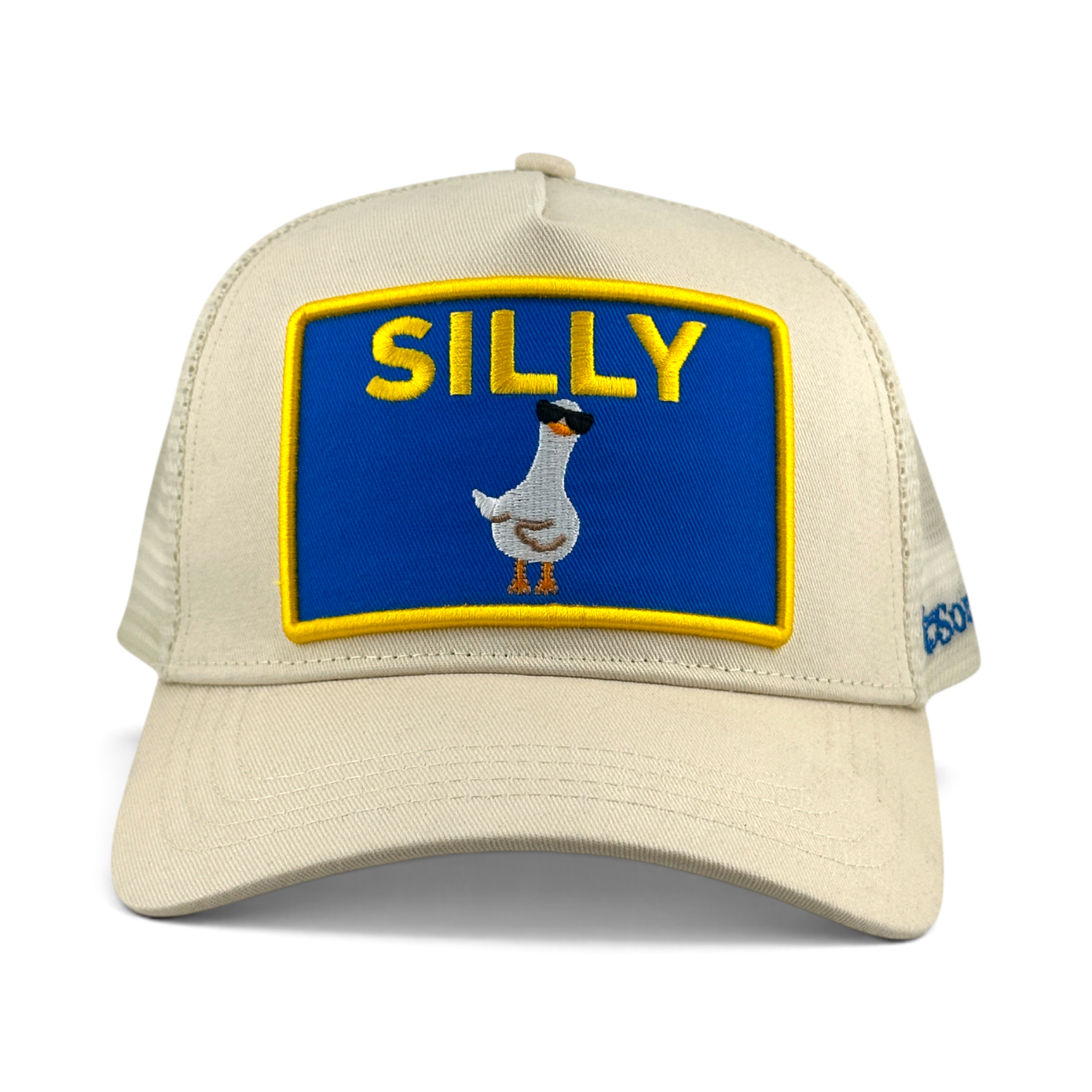 Soulbyrd Wholesale cream 5-panel trucker hat with a blue patch featuring a silly goose wearing sunglasses