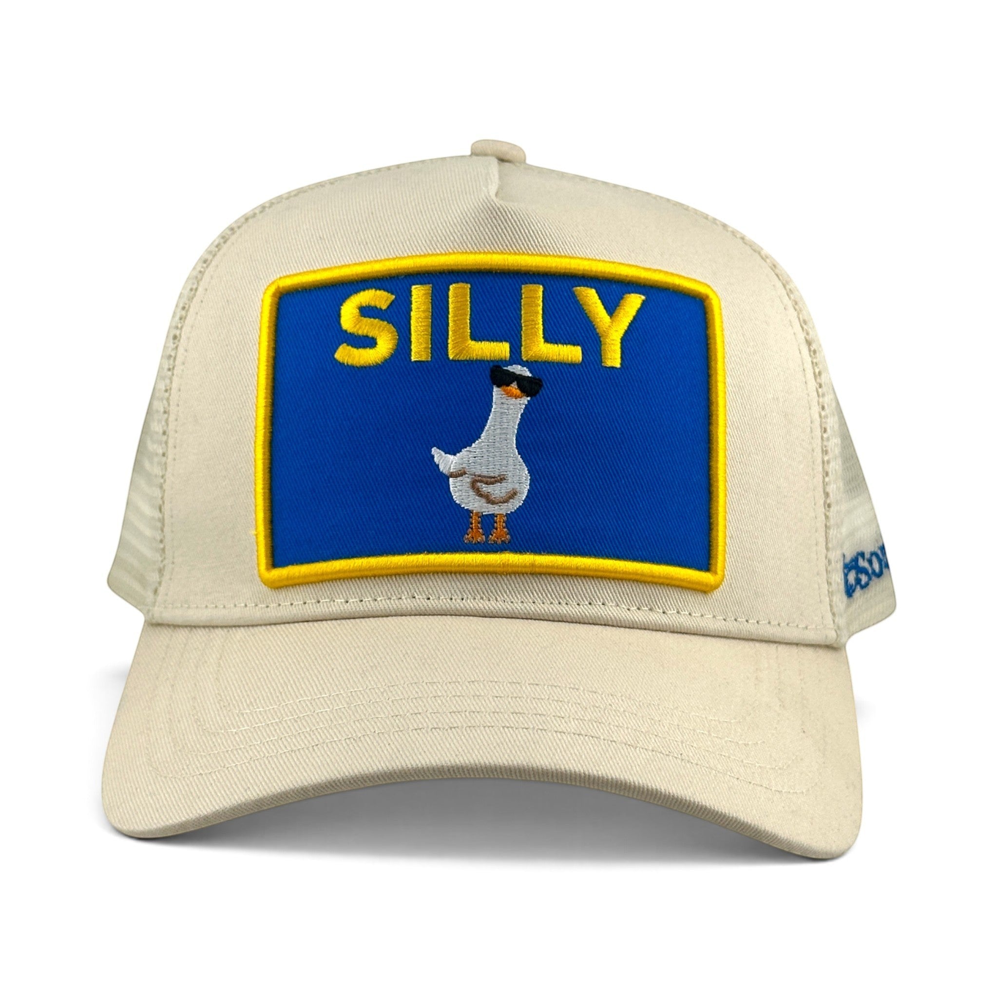 Soulbyrd Wholesale cream trucker hat with a blue patch featuring a silly goose wearing sunglasses