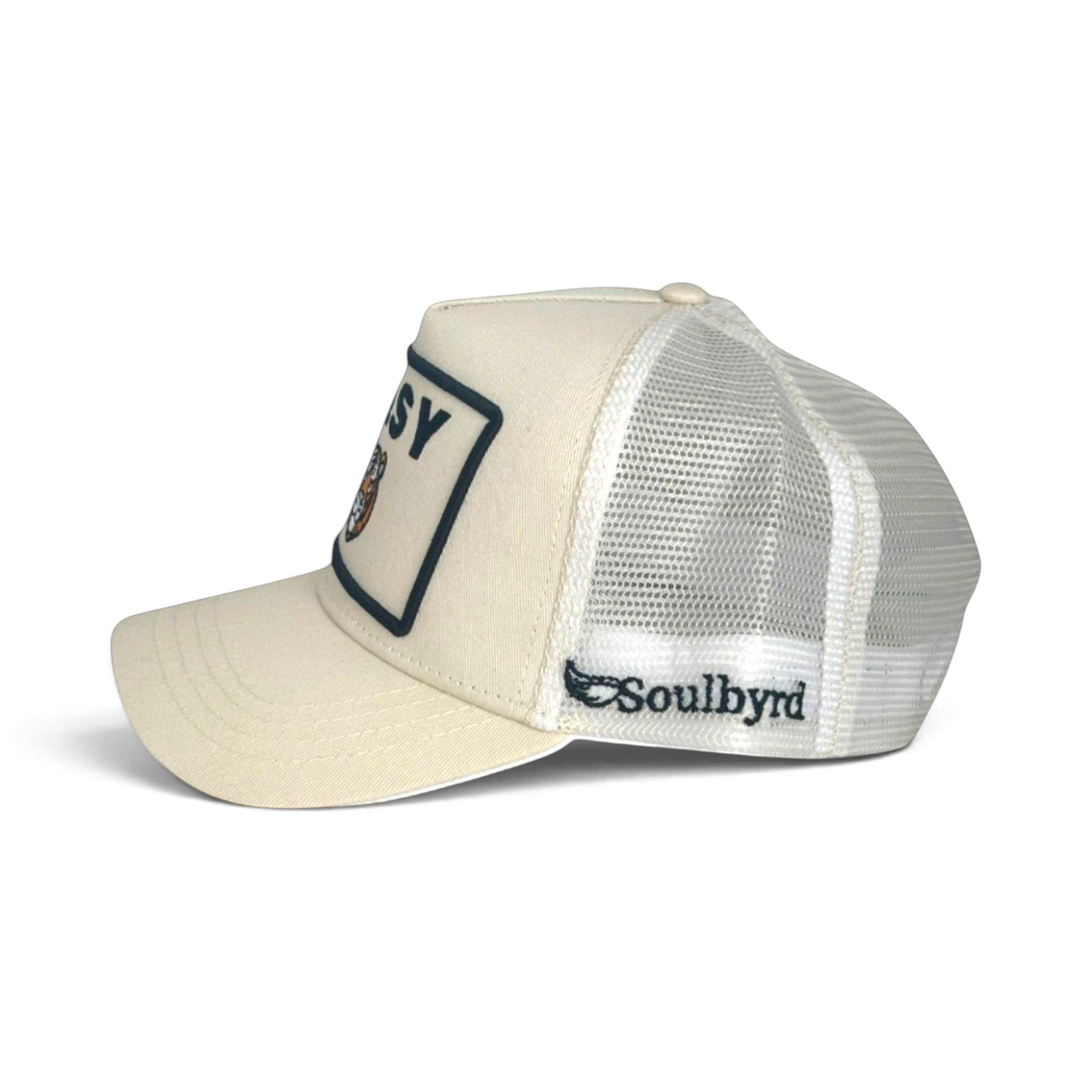 Soulbyrd Wholesale cream 5-panel trucker hat with cotton twill front, nylon mesh back, and Easy Tiger graphic patch.