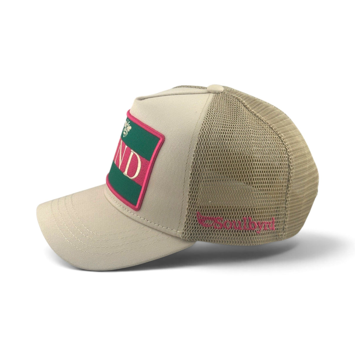 Soulbyrd Wholesale cream trucker hat with cotton twill front, nylon mesh back, and Bee Kind patch side view