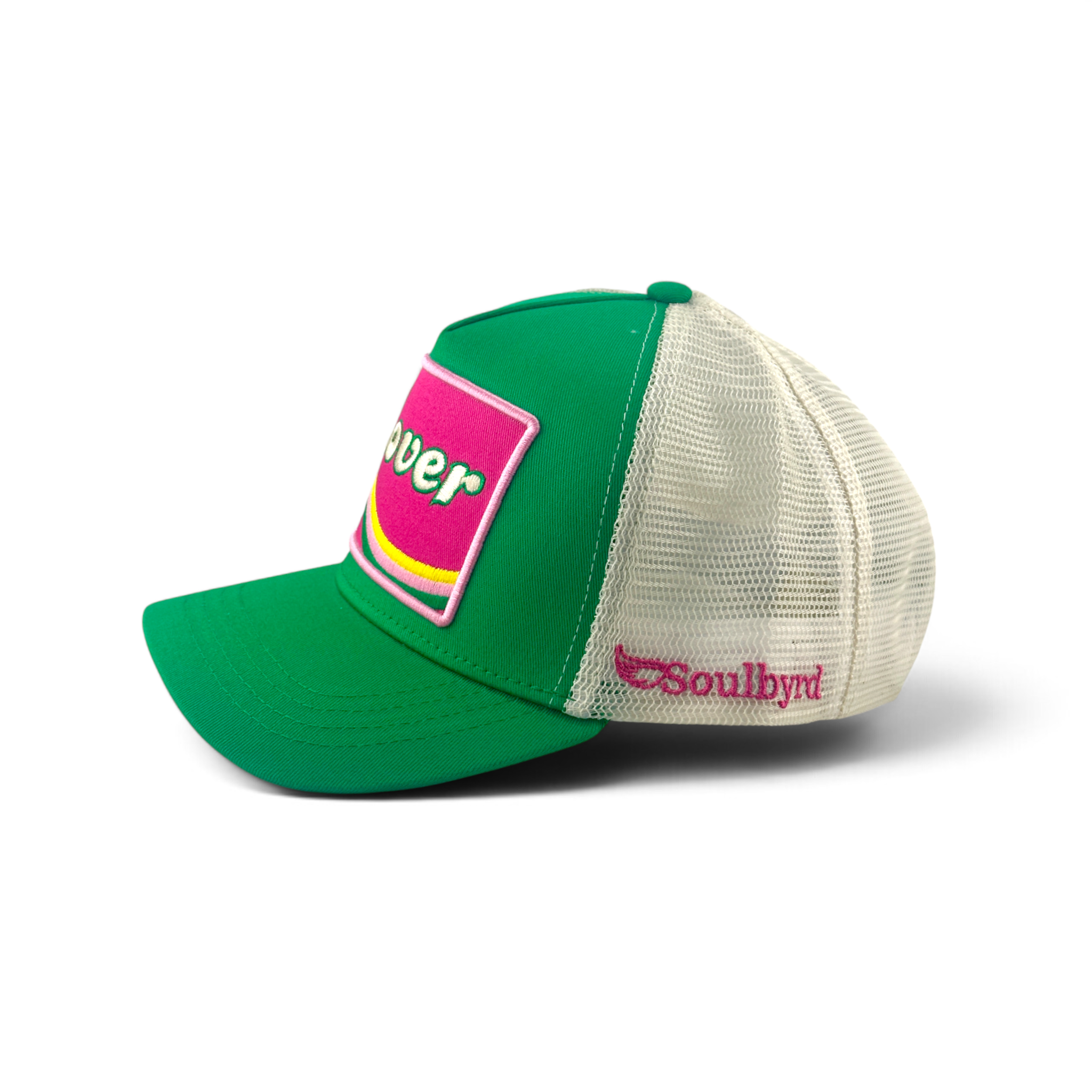Soulbyrd Wholesale green and white mesh trucker hat with Lover patch and adjustable snapback closure