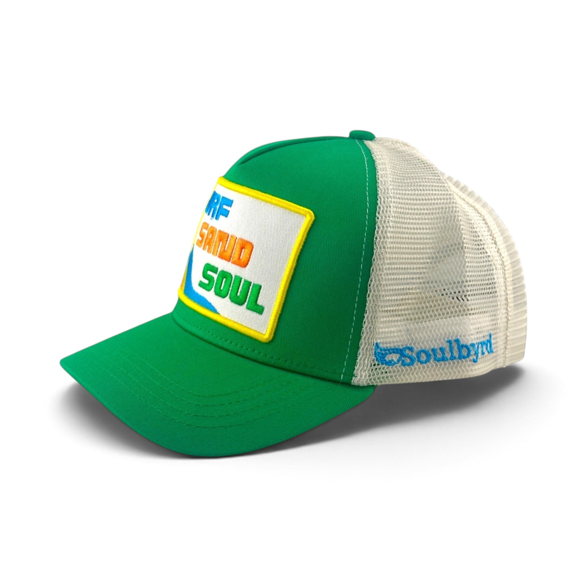 Soulbyrd Wholesale green 5-panel trucker hat with white mesh back and Surf Sand Soul patch on cotton twill crown