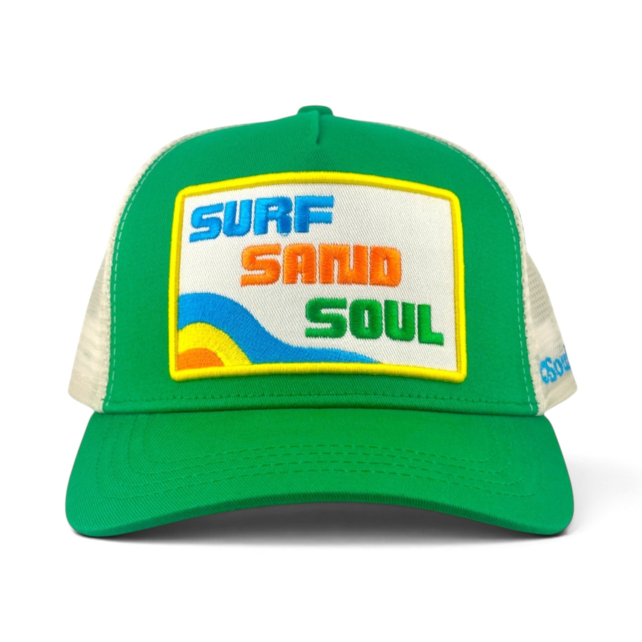 Soulbyrd Wholesale green 5-panel trucker hat with cotton twill front and Surf Sand Soul embroidered patch