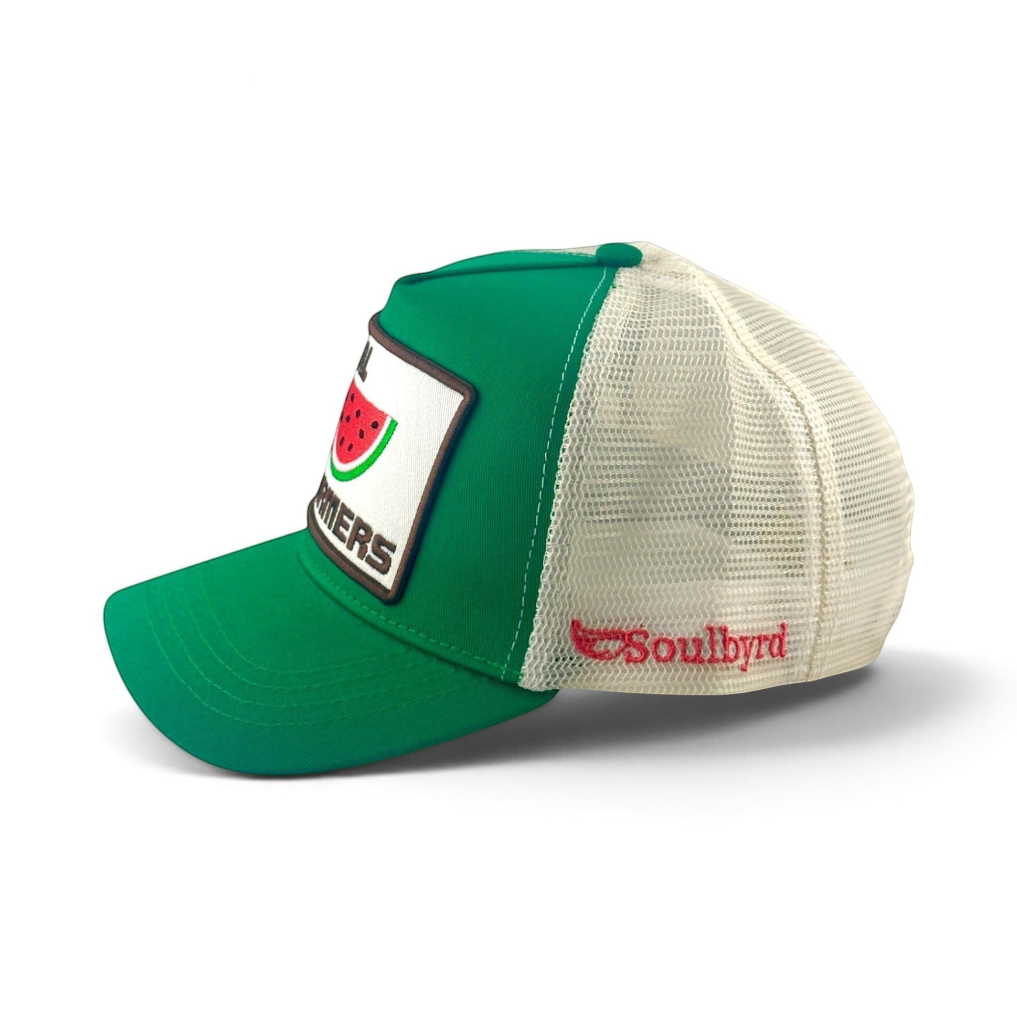 Soulbyrd Wholesale green cotton and mesh trucker hat with Local Farmers watermelon patch and side logo embroidery
