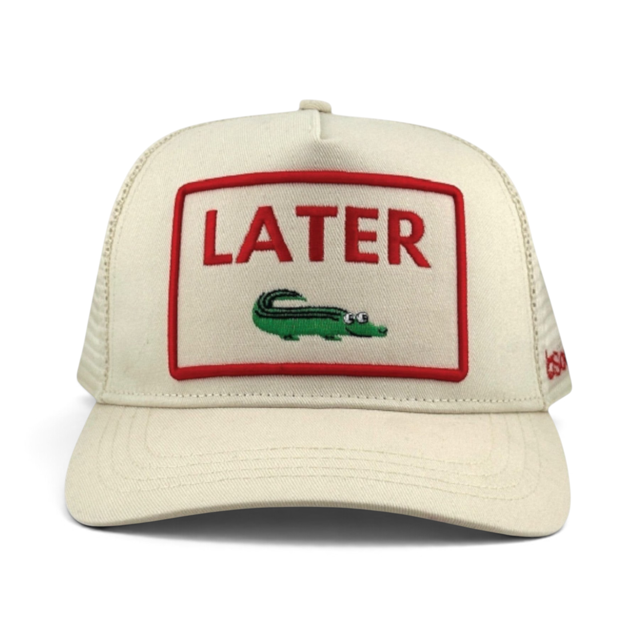 Soulbyrd Wholesale ivory 5-panel trucker hat with red LATER text and green alligator patch on cotton twill front