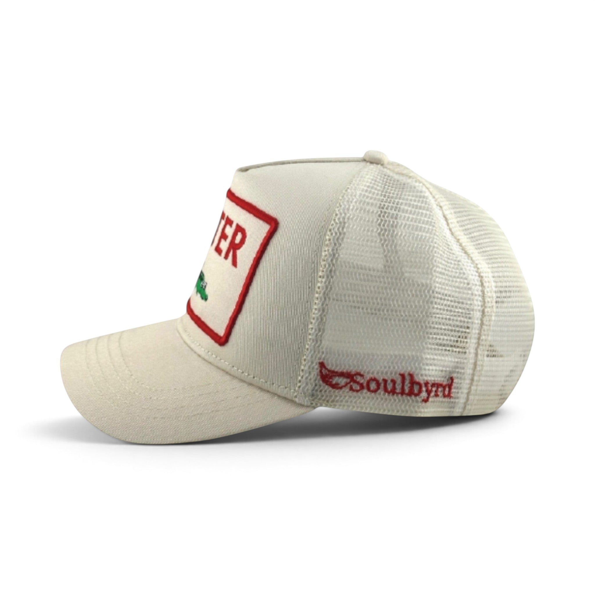 Soulbyrd Wholesale ivory 5-panel trucker hat with cotton twill front, nylon mesh back, and Later Gator patch.