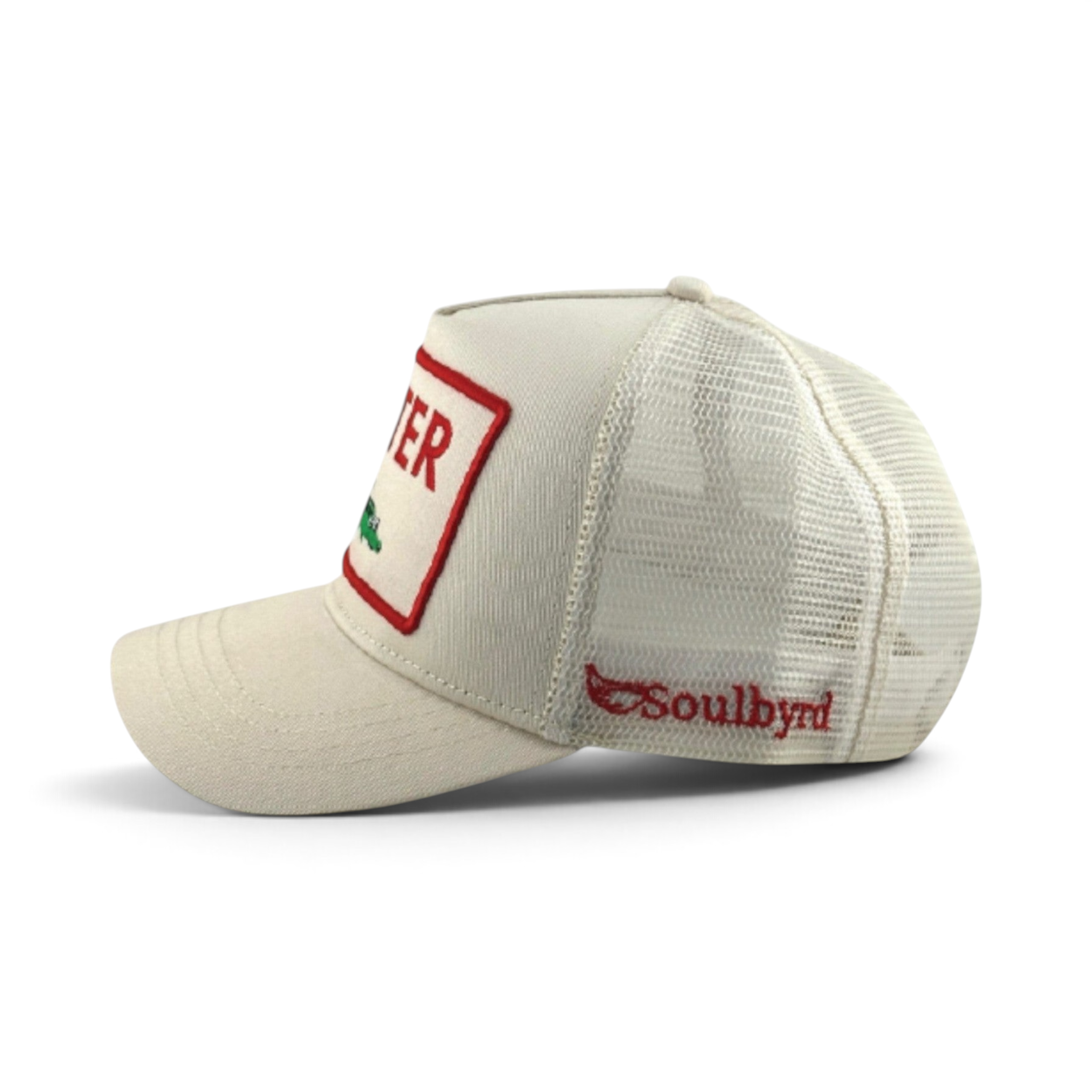 Soulbyrd Wholesale ivory 5-panel trucker hat with cotton twill front, nylon mesh back, and Later Gator patch.
