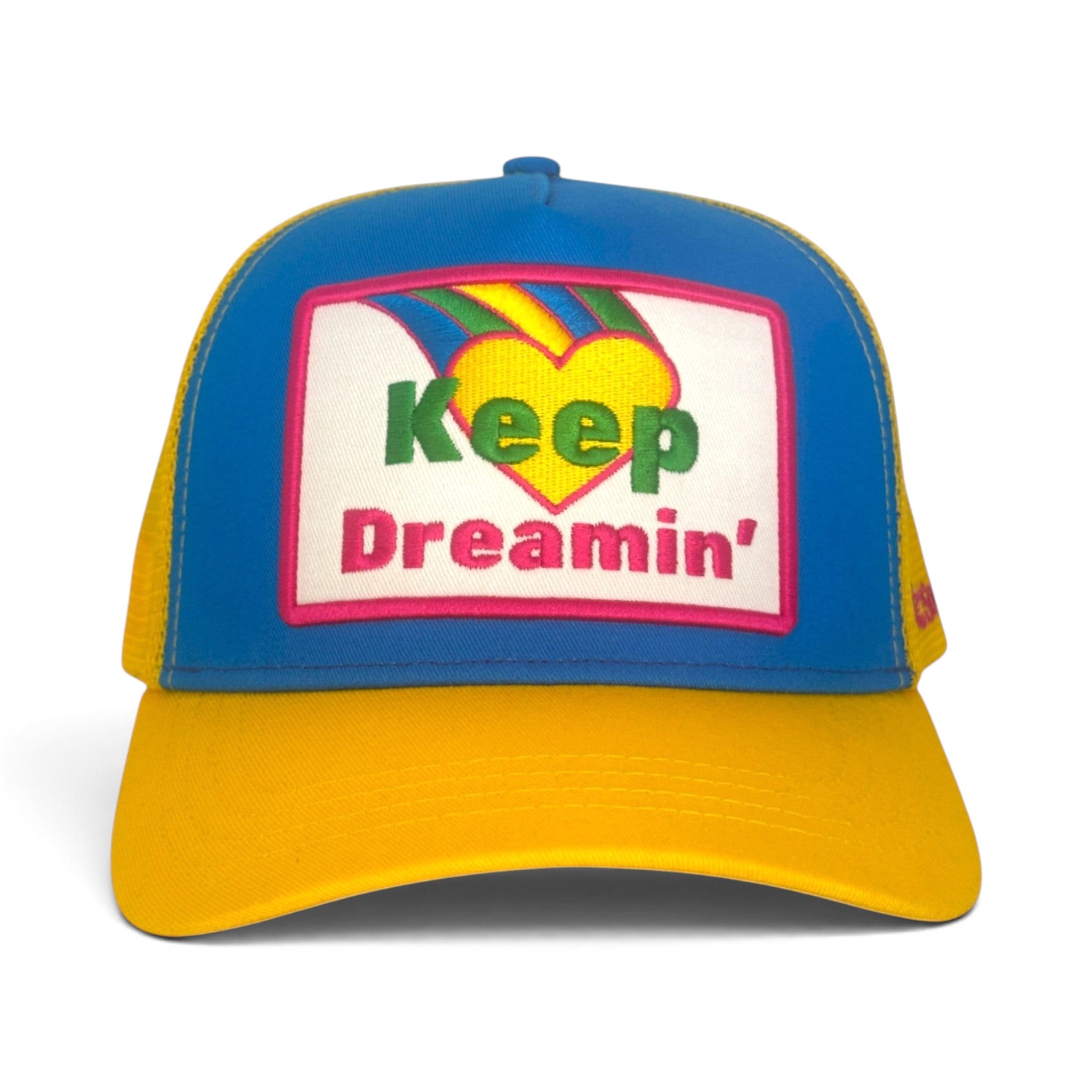 Soulbyrd Wholesale Keep Dreamin' blue and yellow 5-panel trucker hat with cotton twill and nylon mesh back