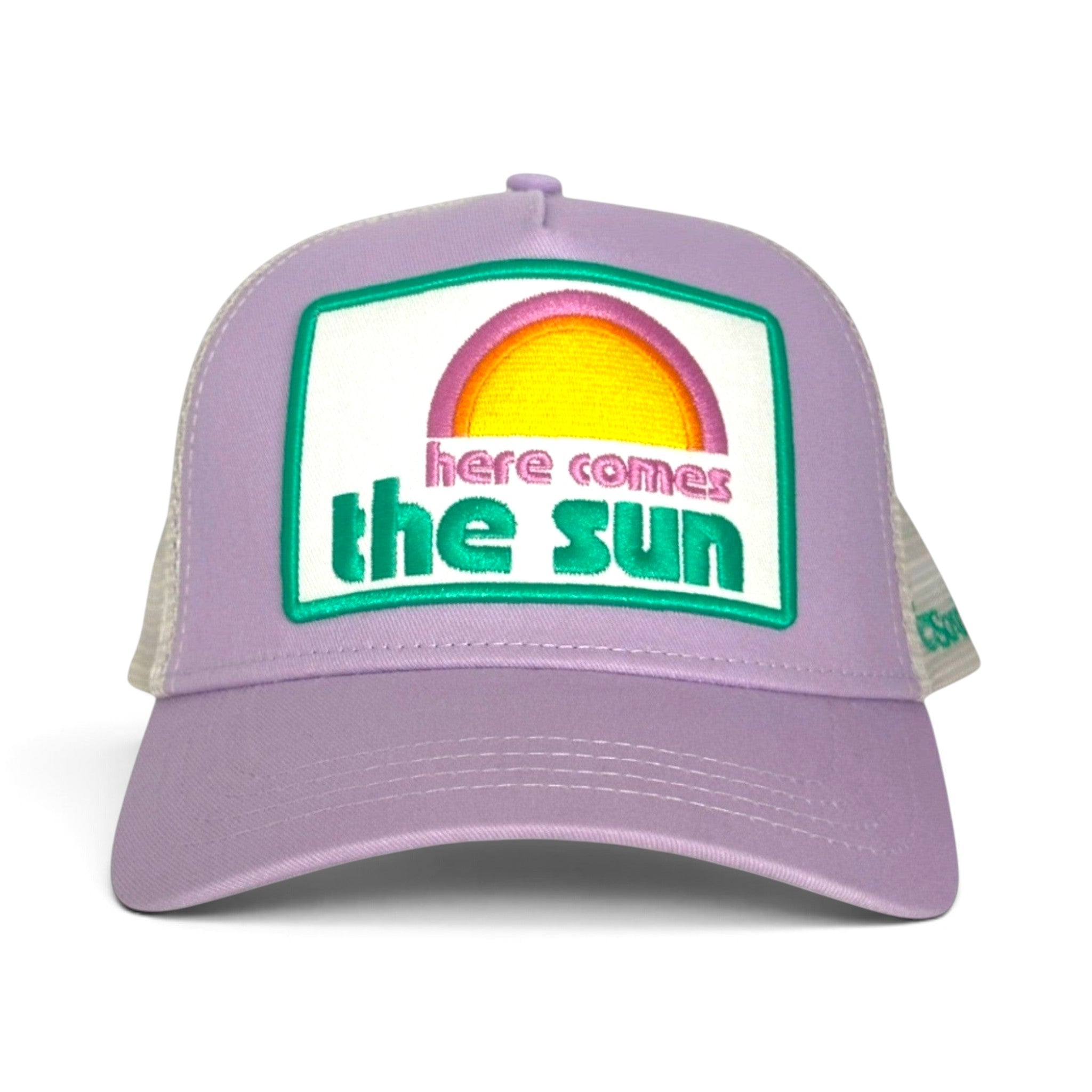 Soulbyrd Wholesale lilac trucker hat with Here Comes the Sun embroidered patch and breathable nylon mesh back