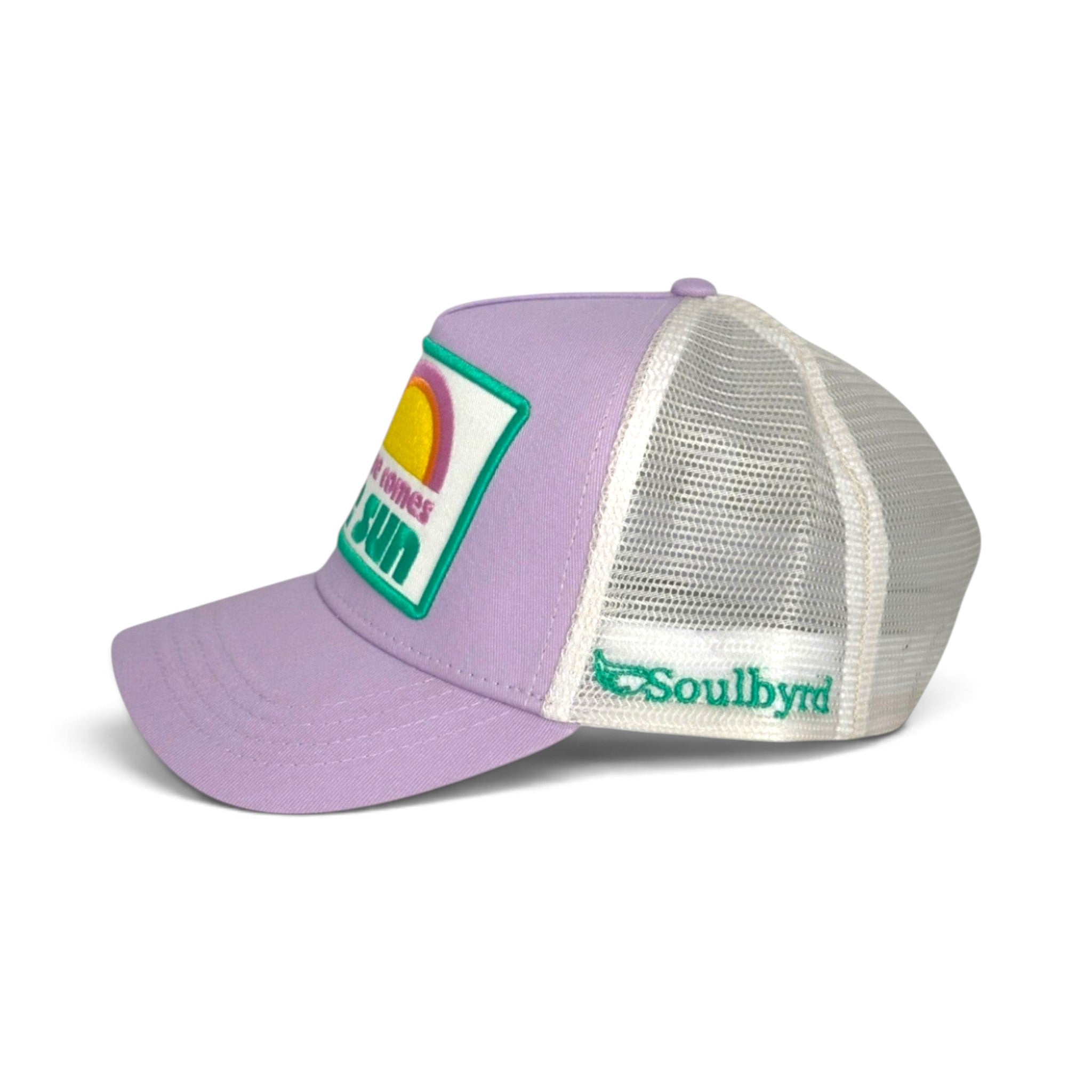 Soulbyrd Wholesale lilac cotton trucker hat with white mesh back and Here Comes the Sun embroidered patch