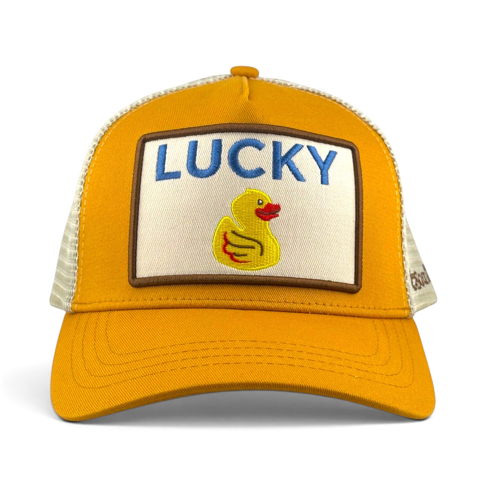 Soulbyrd Wholesale mustard cotton trucker hat with a Lucky Duck patch and adjustable snapback closure