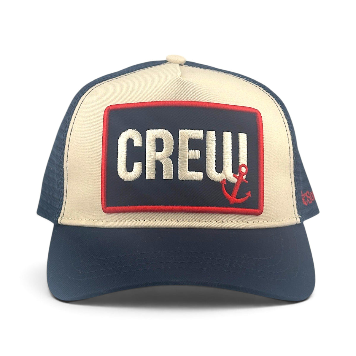Soulbyrd Wholesale navy and beige 5-panel trucker hat with CREW embroidered patch and anchor detail