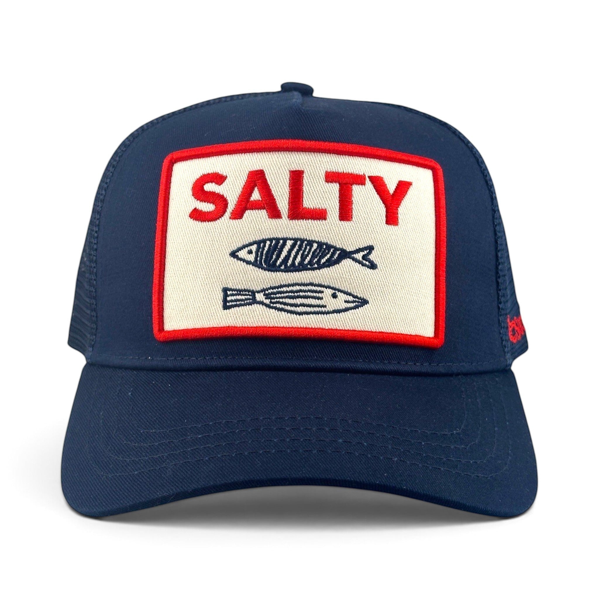 Soulbyrd Wholesale navy cotton and mesh trucker hat featuring a Salty fish patch on the front